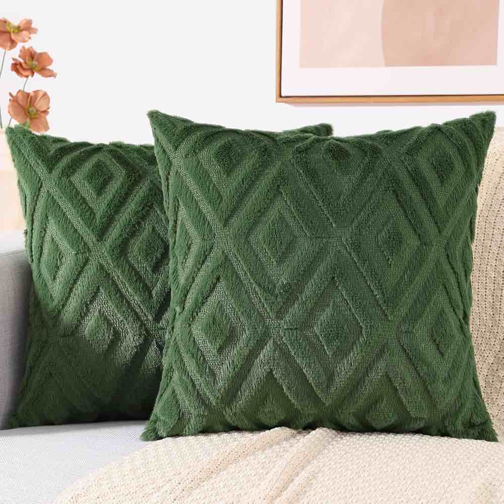decorUhome Couch Throw Pillow Covers 18x18 Set of 2, Decorative Soft Plush Faux Wool Pillow Covers for Bed Sofa Living Room, Green