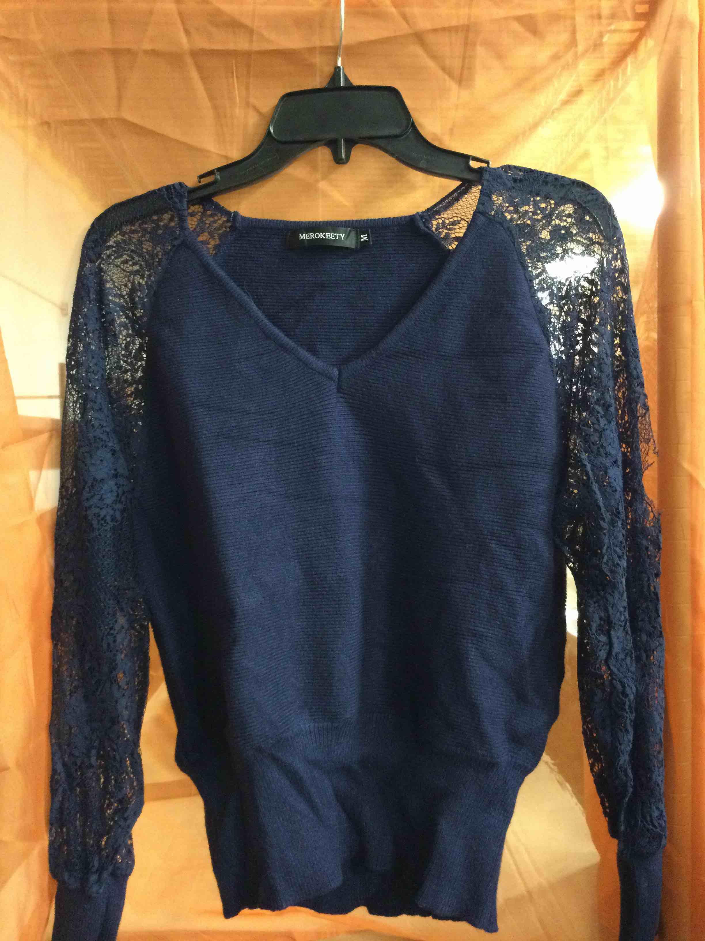MEROKEETY Women's 2024 V Neck Lace Patchwork Long Batwing Sleeve Comfy Knit Pullover Sweaters Navy - Size Medium