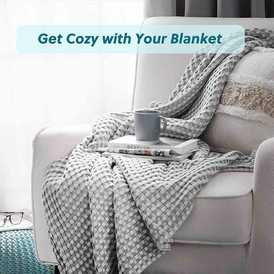 Bedsure Cooling Cotton Waffle Queen Size Blanket - Lightweight Breathable Summer Blanket of Rayon Derived from Bamboo for Hot Sleepers, Luxury Throws for Bed, Couch and Sofa, Grey