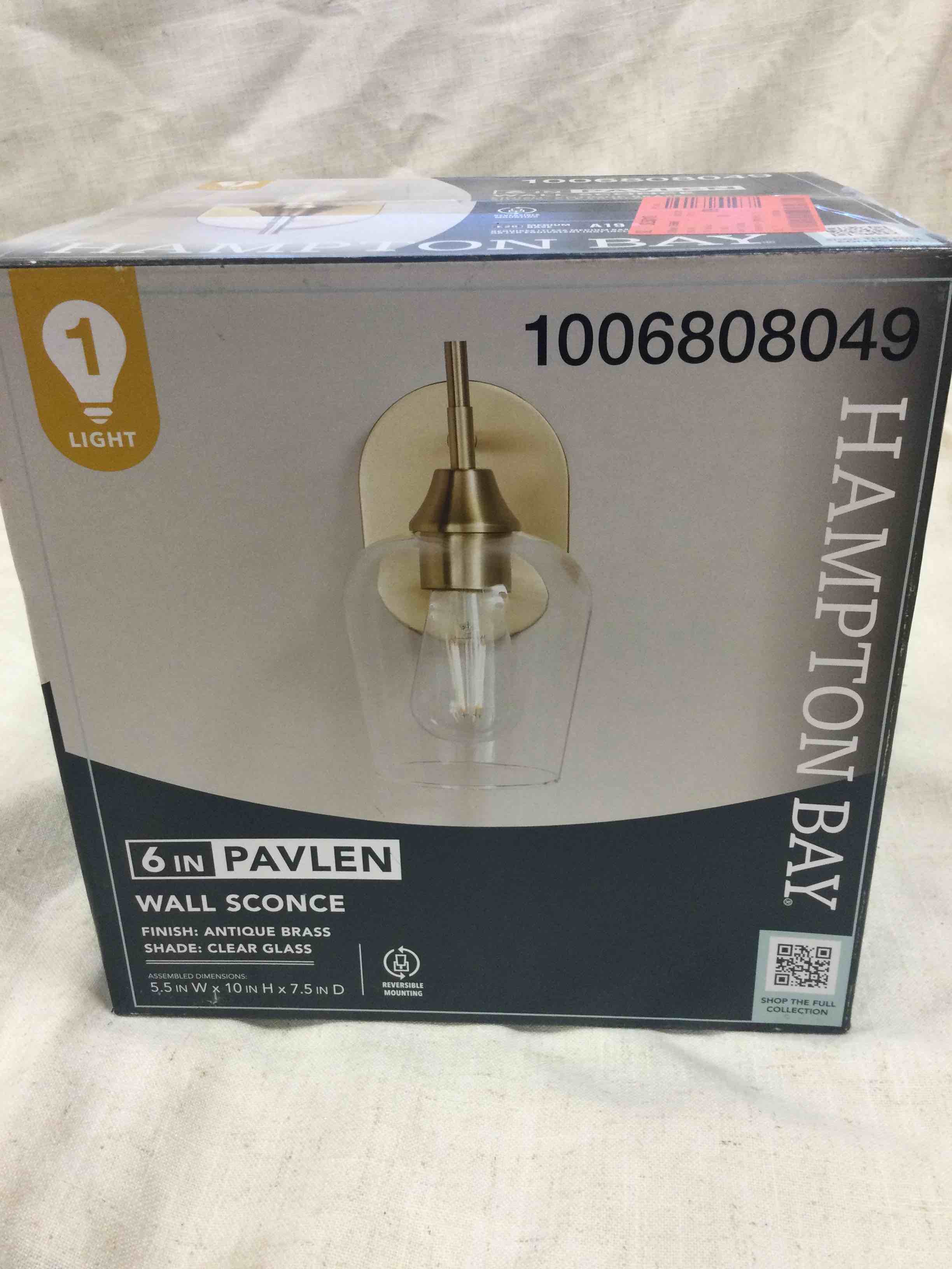 Hampton Bay 6in Pavlen Antique Brass Wall Sconce with Clear Glass Shade
