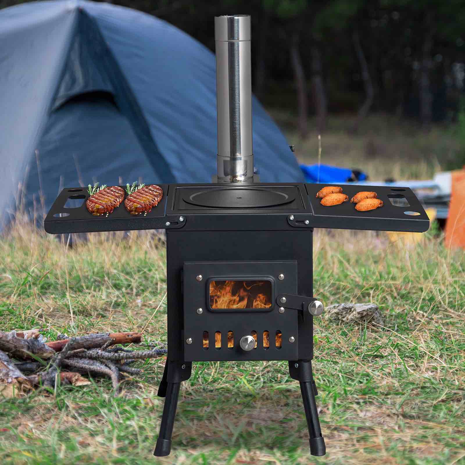 Wood Camping Stove Tent Wood Burning Stoves Portable with Chimney Pipes for Outdoor Cooking Heating & Cooking, Ice Fishing, Hunting, attachment