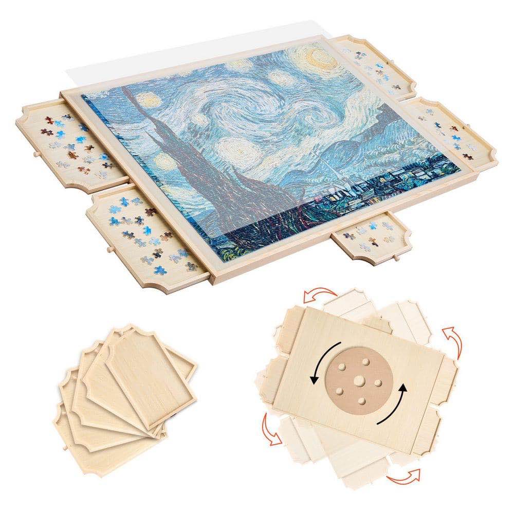 Damaged. 1500-Piece Puzzle Board with 6-Drawers and Cover 35 x 26 in. Rotating Wooden Jigsaw Puzzle Plateau