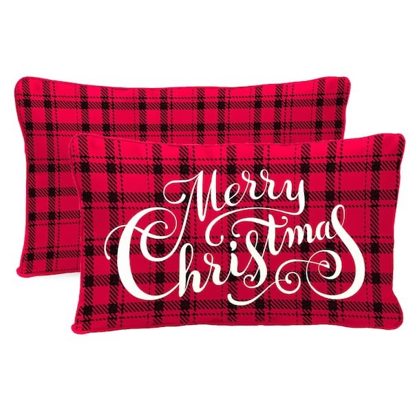 12 in. L x 16 in. W x 5 in. T Rectangular Reversible Outdoor Lumbar Pillow in Merry Christmas and Red Plaid