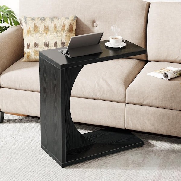 Kerlin 23.62 in. Black C-Shaped Wood End Table for Small Space, Sofa Side Table Couch Table for Home Office