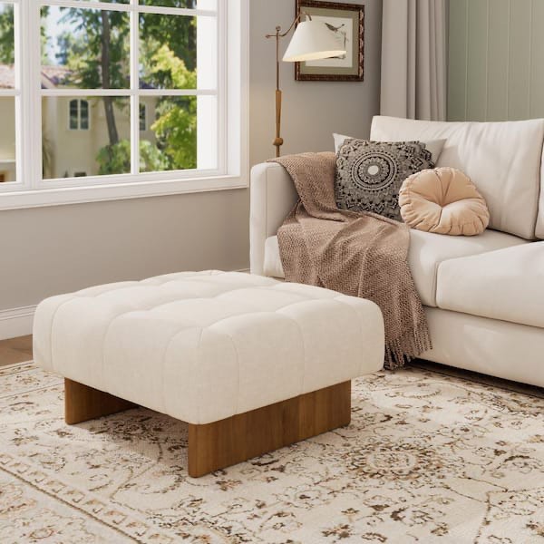 Envora Modern Beige Tufted Linen Fabric Upholstered Square Accent Ottoman, Solid Wood Legs