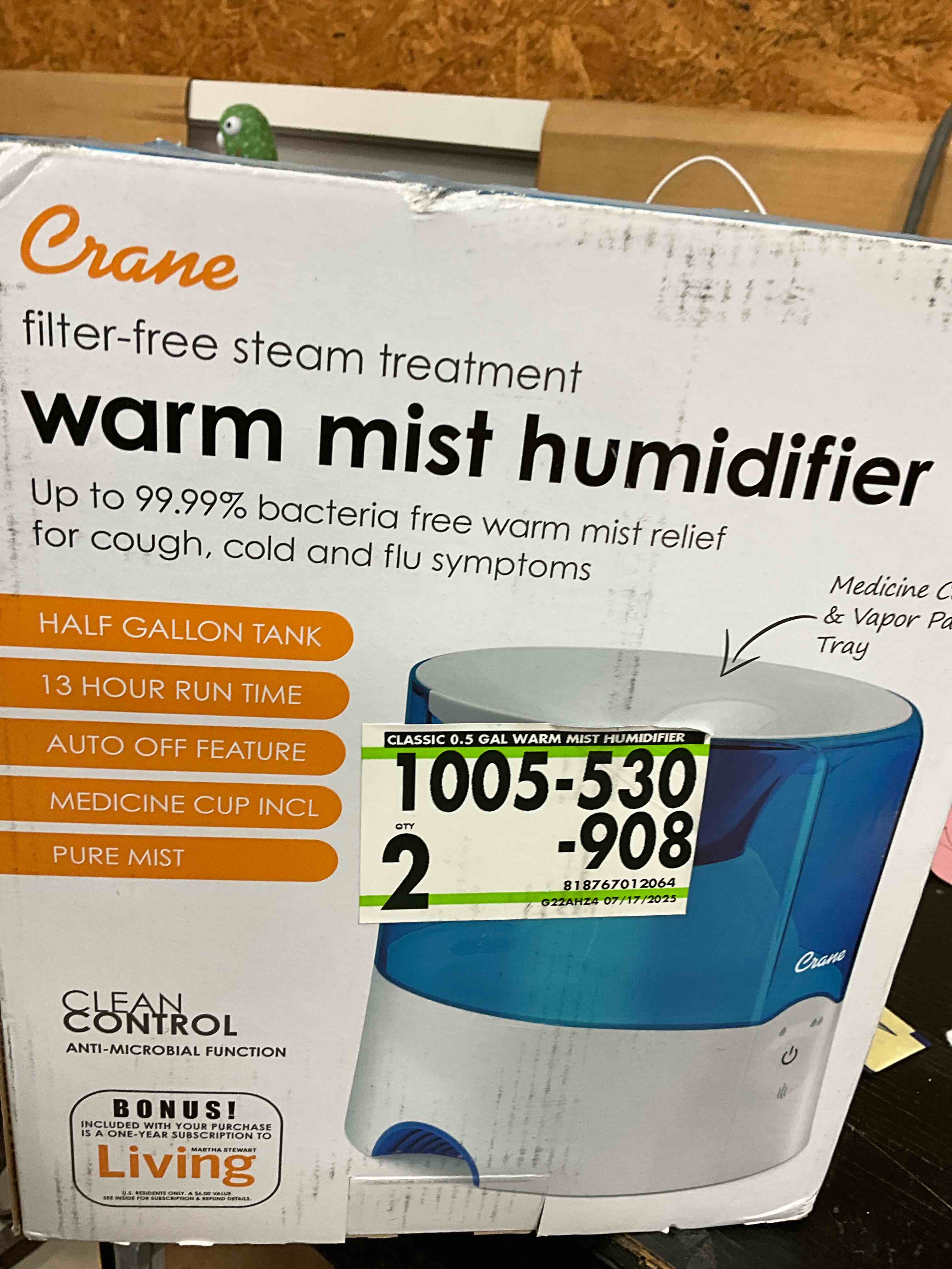 Condition photo showing New/Like New for Crane Warm Mist Humidifier, 0.5 Gallon, Germ Free Mist, Air Humidifier for Home Bedroom and Office, Blue & White 