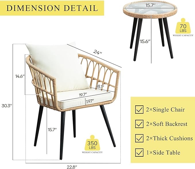 3 piece patio bistro set, outdoor wicker conversation chair sets balcony furniture with coffee table & cushions, all-weather rattan table and chairs set for porch backyard deck poolside