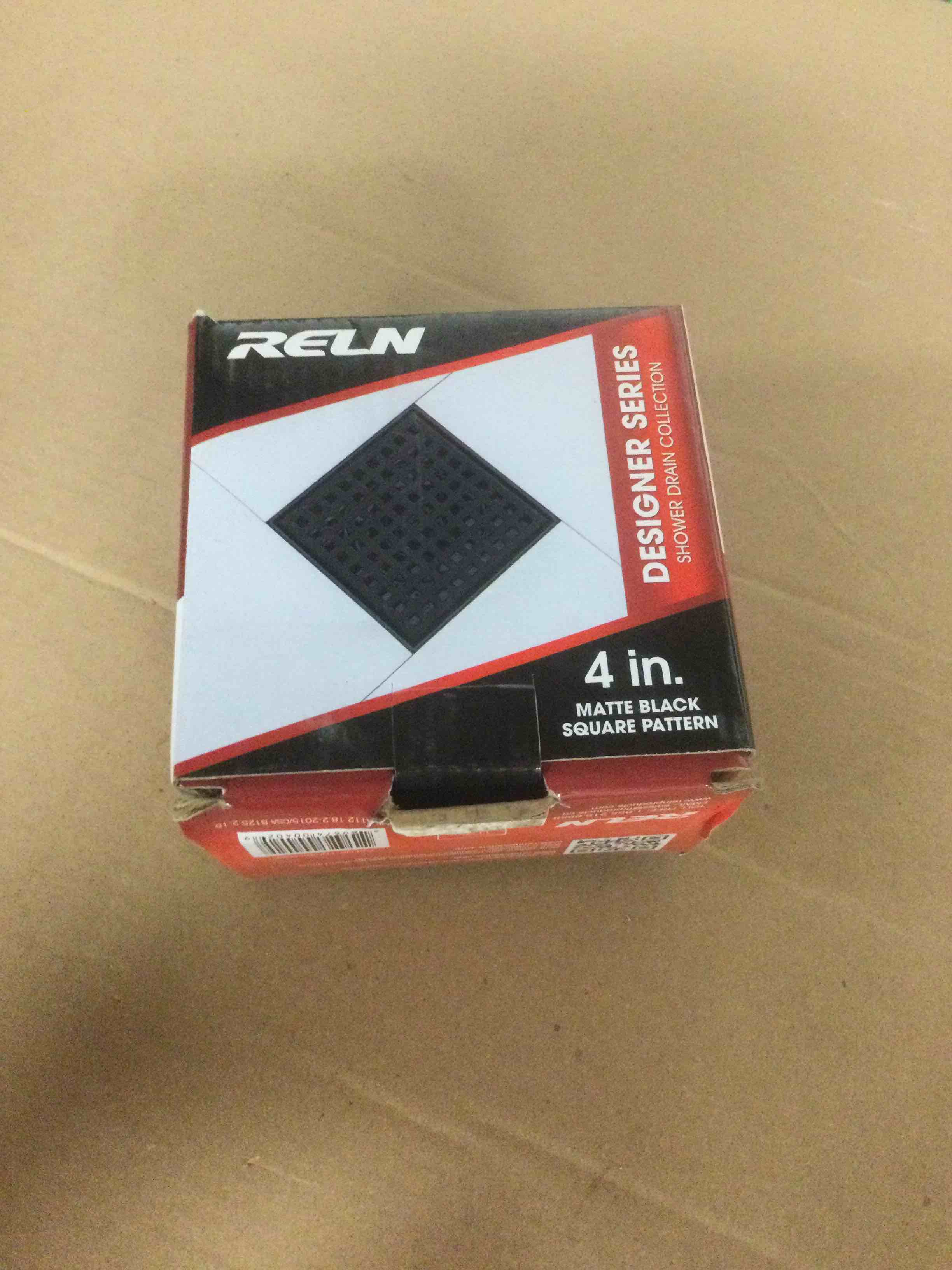 Condition photo showing Good Condition for missing threaded adapter. relin 4x4 shower drain with square matte black grate