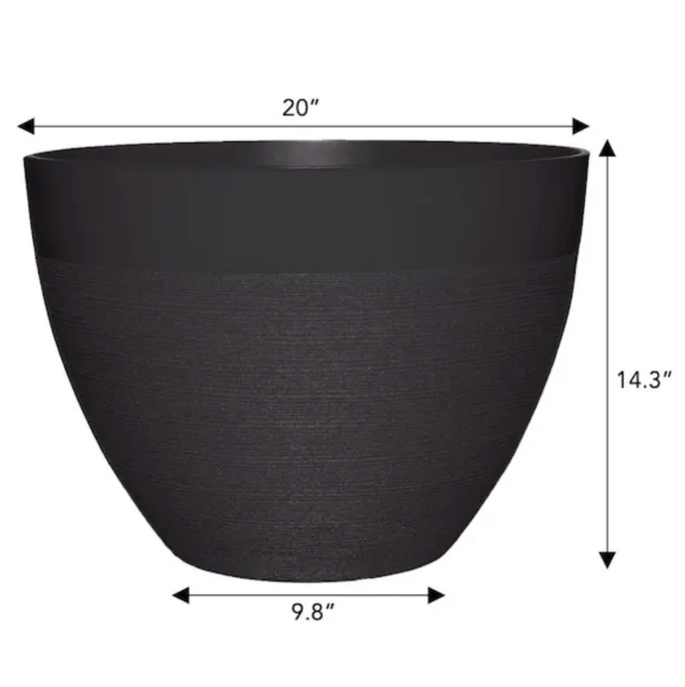 Condition photo showing New/Like New for decatur large black resin lightweight round planter with optional drainage holes (20 in. l x 20 in. w x 14.3 in. h)