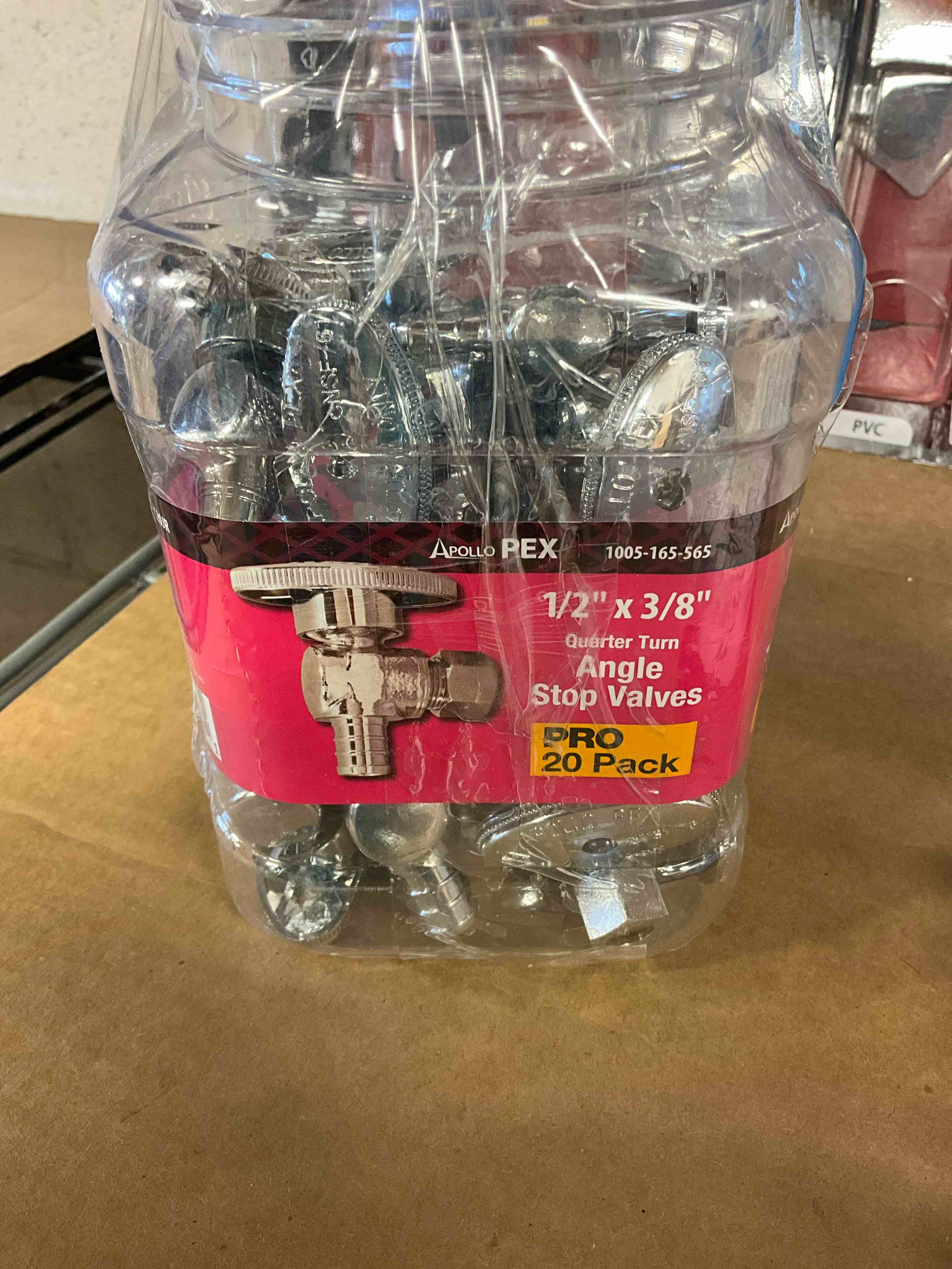Condition photo showing Good Condition for 18 pieces. 1/2 in. pex-b barb x 3/8 in. compression brass quarter-turn angle stop valve jar, chrome-plated pro pack (20-pack)