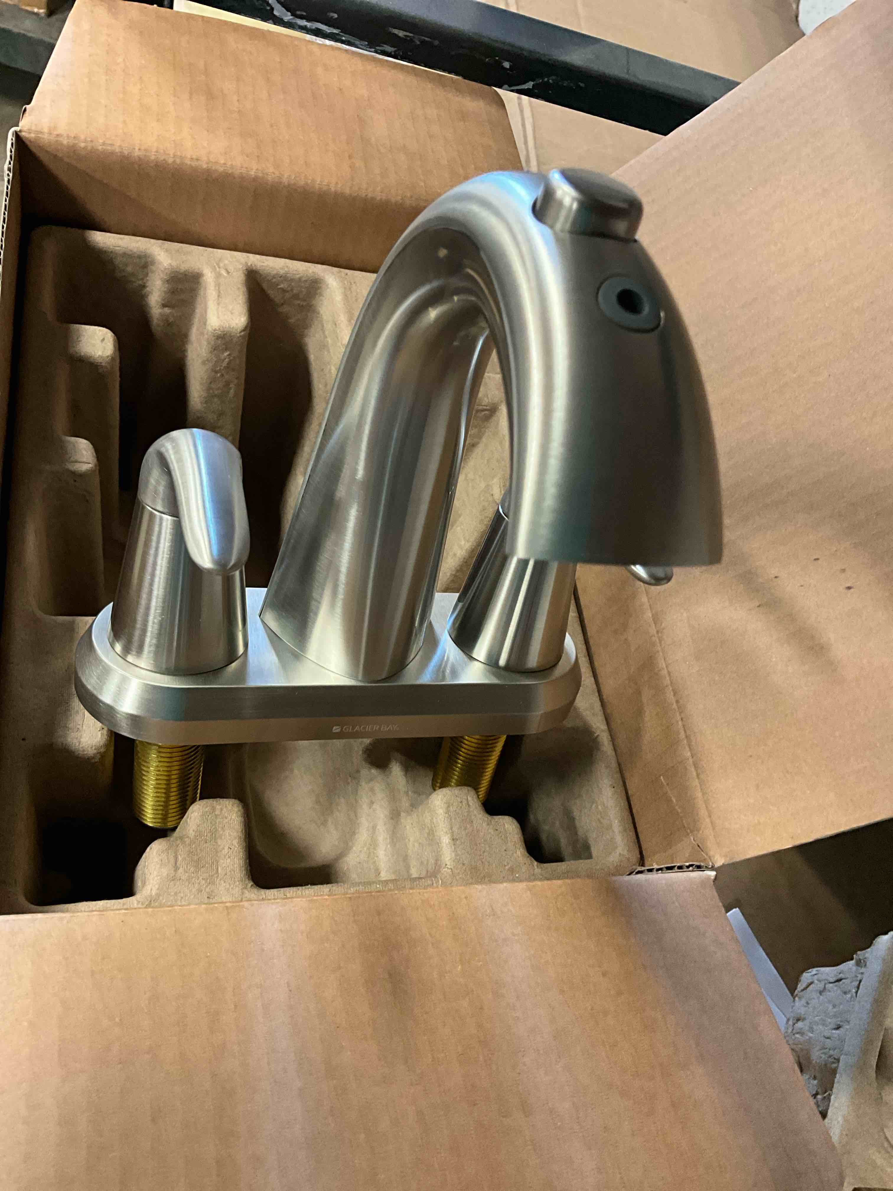 Condition photo showing New/Like New for glacier bay nadina 4 in. centerset double handle bathroom fountain faucet in brushed nickel