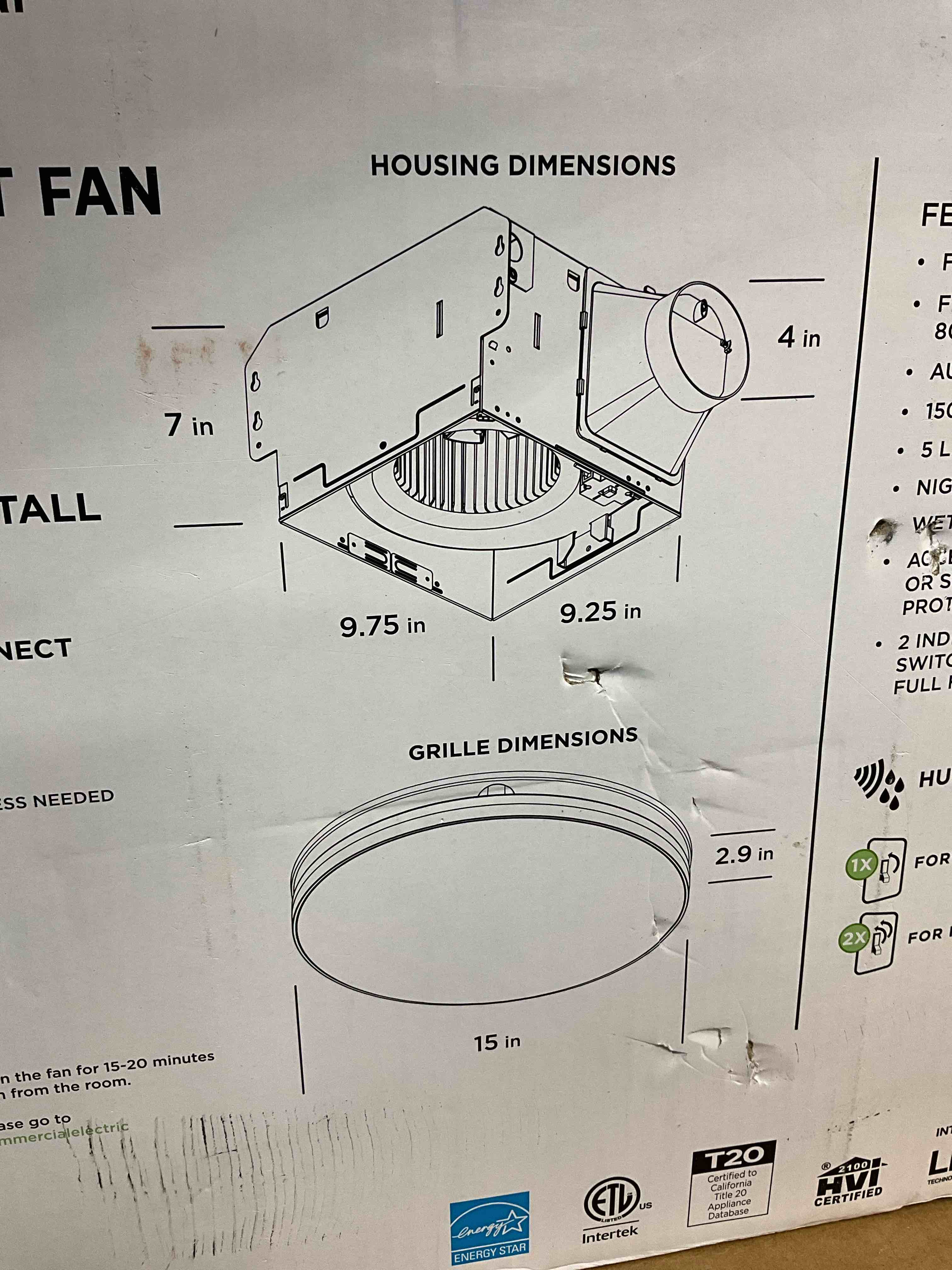 Condition photo showing New/Like New for 80 /110 cfm ceiling mount room side installation round bathroom exhaust fan with led, night light and humidity sensor