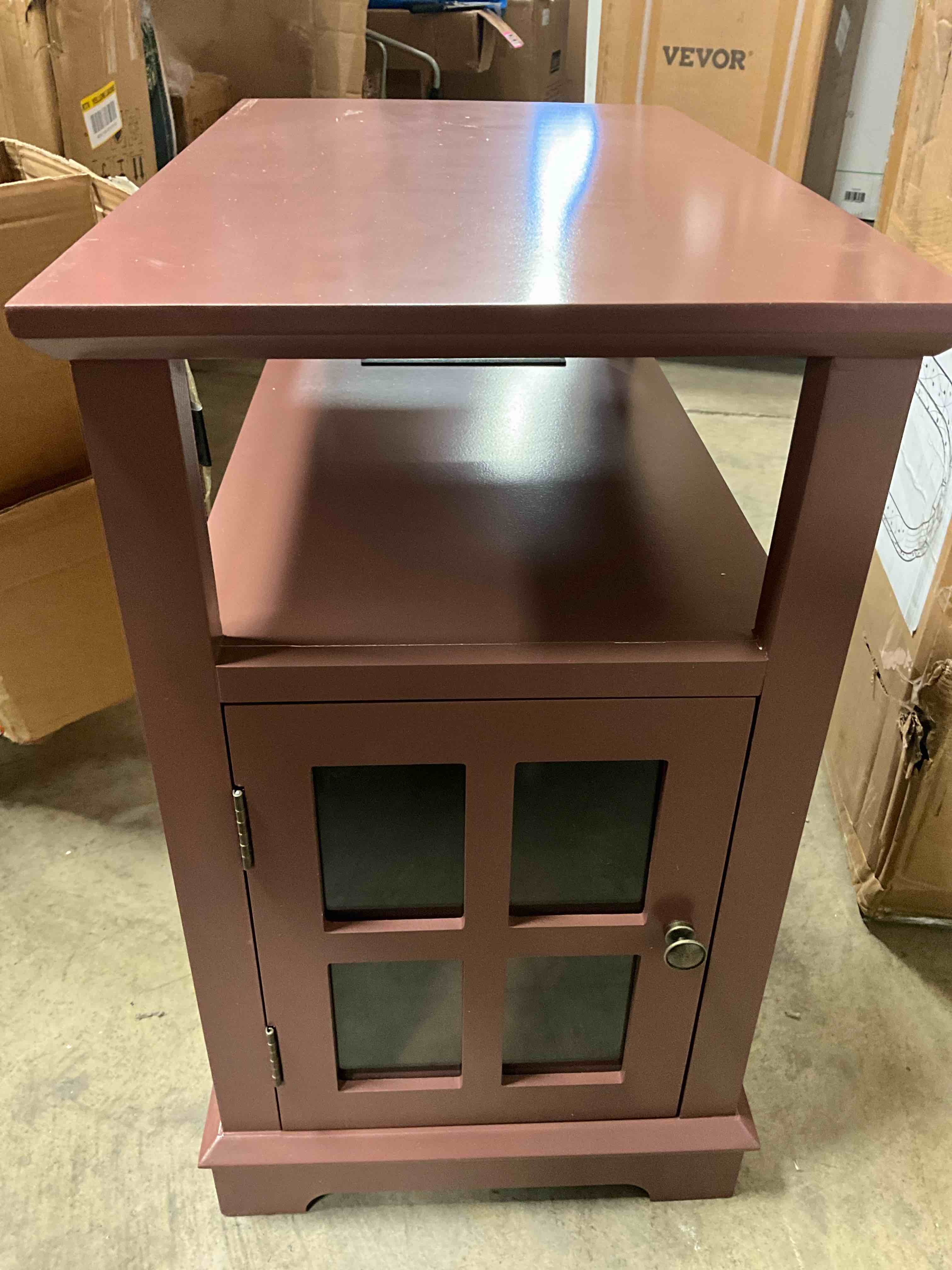 Condition photo showing New/Like New for 23.6 in. rectangle mdf end table with charging station, narrow side table with usb ports and outlets, brown