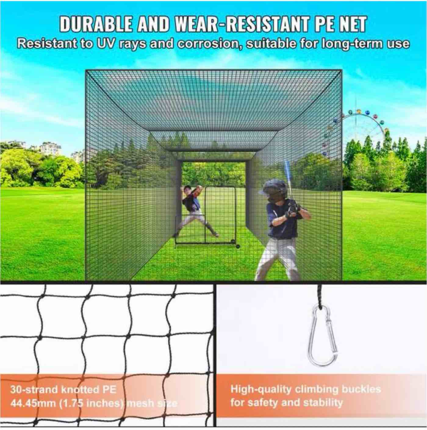 Condition photo showing New/Like New for 35 ft. professional baseball batting net, portable hitting training cage, heavy-duty softball practice net with door