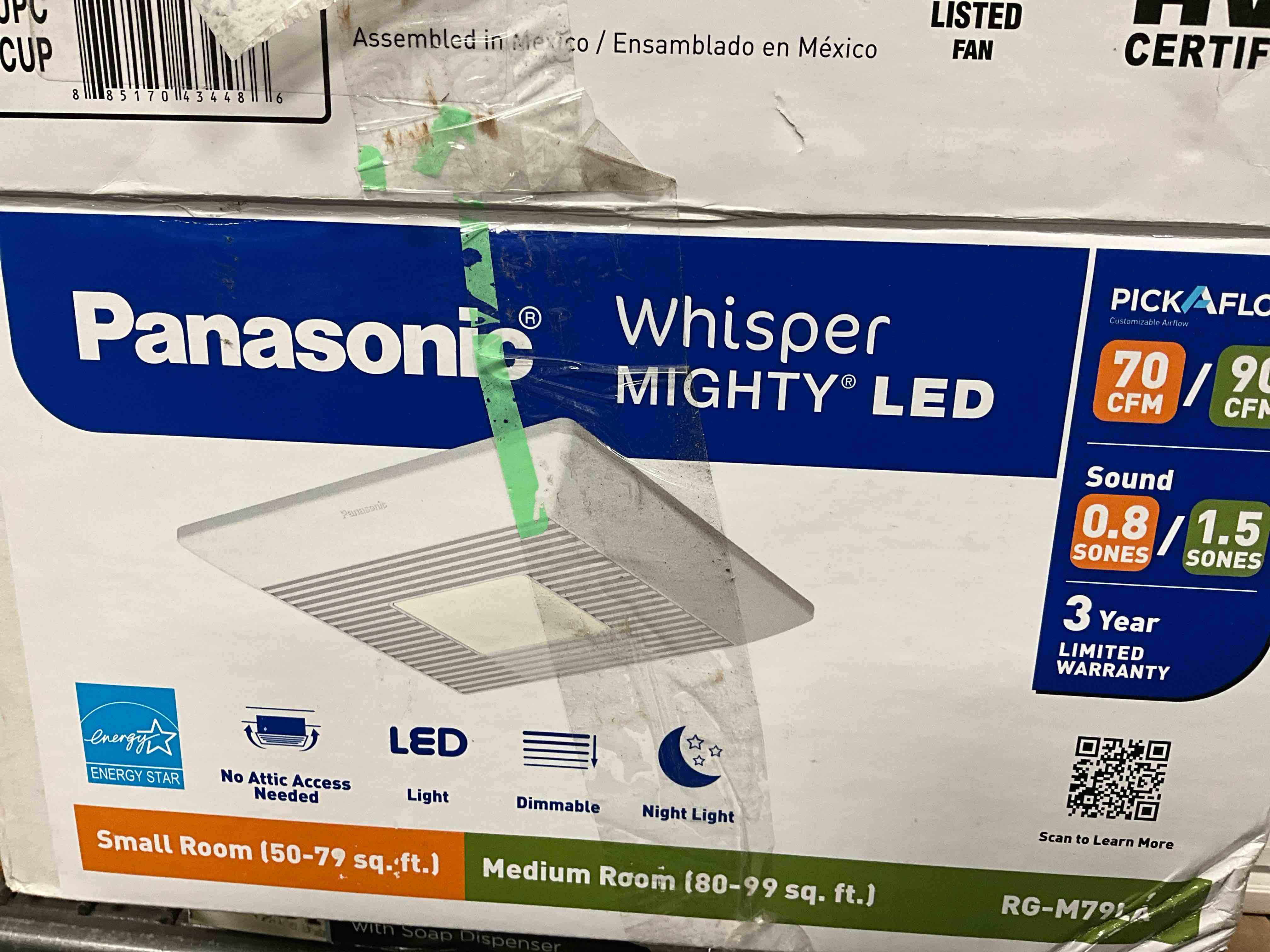 Condition photo showing New/Like New for whisper mighty led pick-a-flow 70-90cfm ceiling/wall energy star bathroom exhaust fan 9.5 in. x 9.5 in. grille footprint