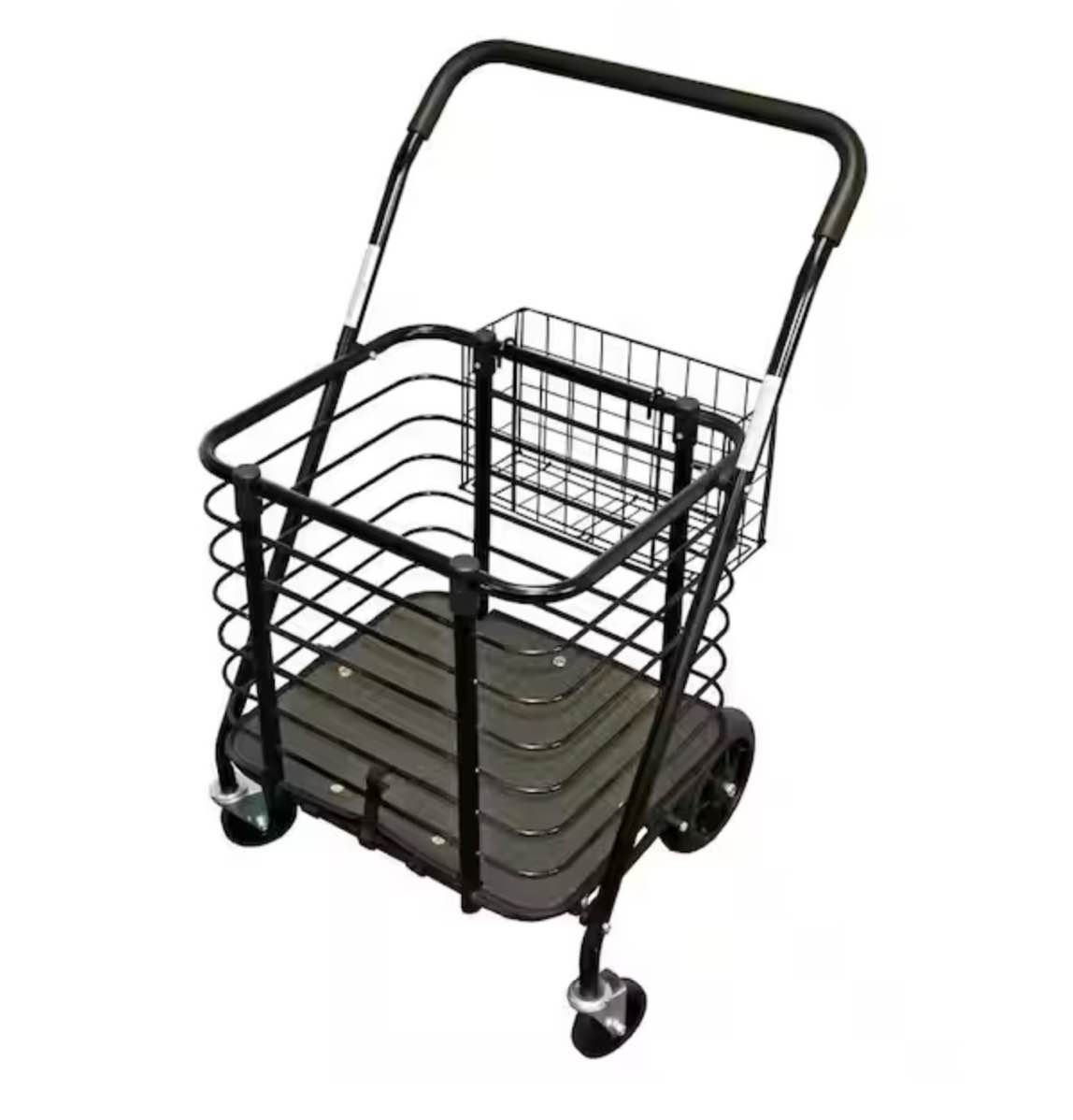 Missing back basket. previously owned. Heavy-Duty Steel Shopping Cart with Accessory Basket in Black