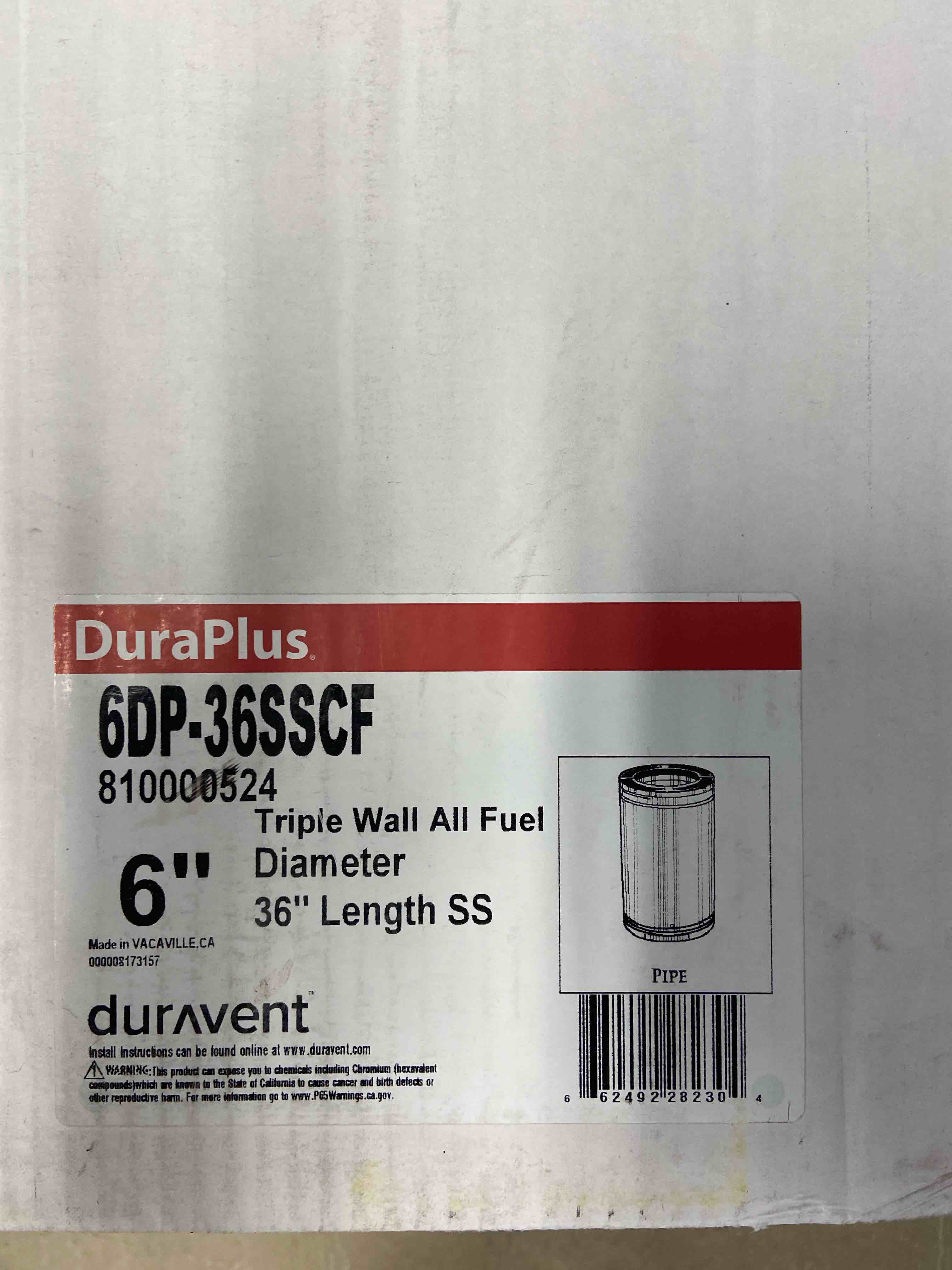 Condition photo showing New/Like New for dura vent 6dp-36sscf 6 x 36 in. length duraplus chimney pipe - stainless steel