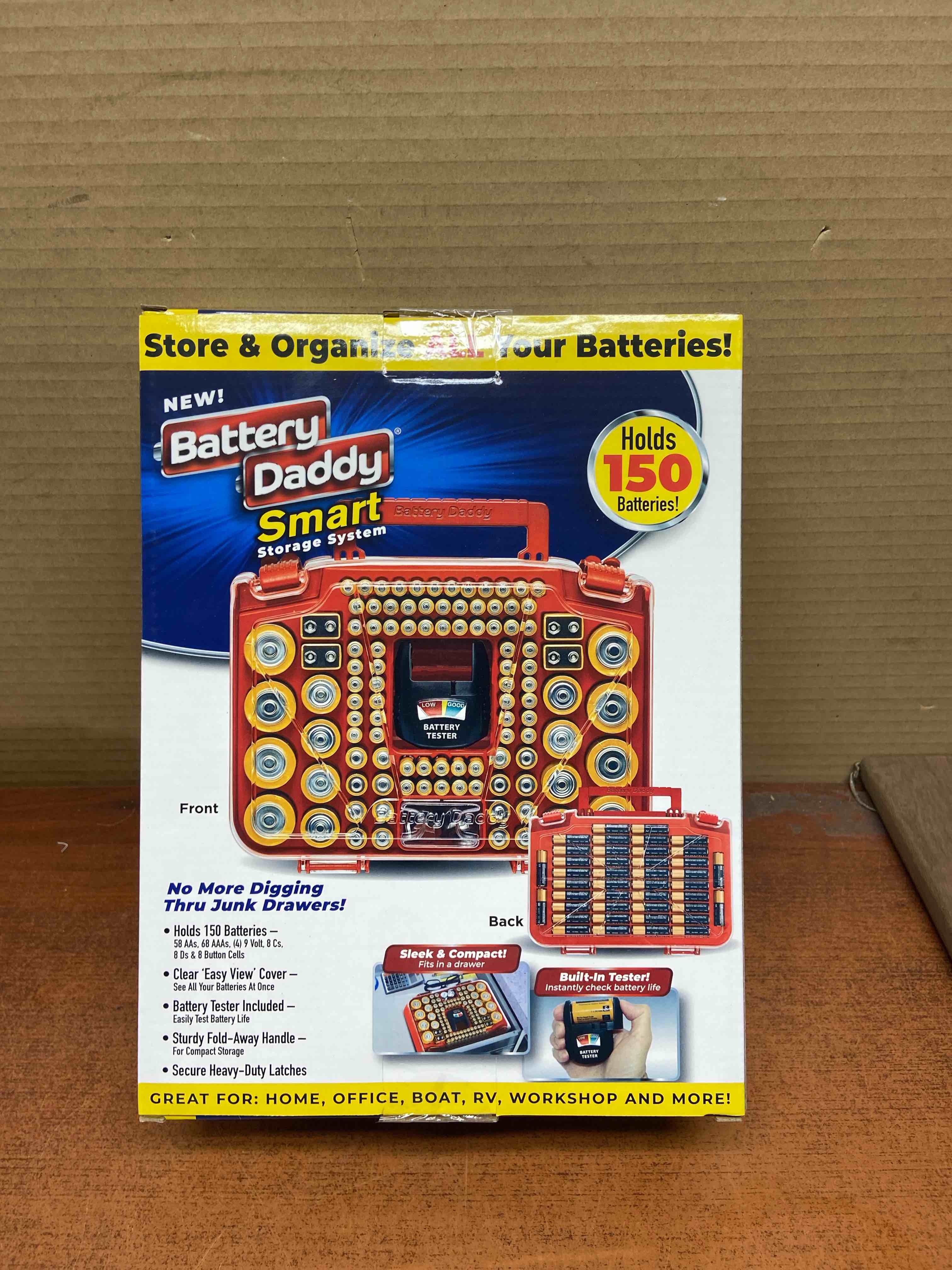 ontel battery daddy smart  battery storage system with built in battery tester to hold various sizes batteries