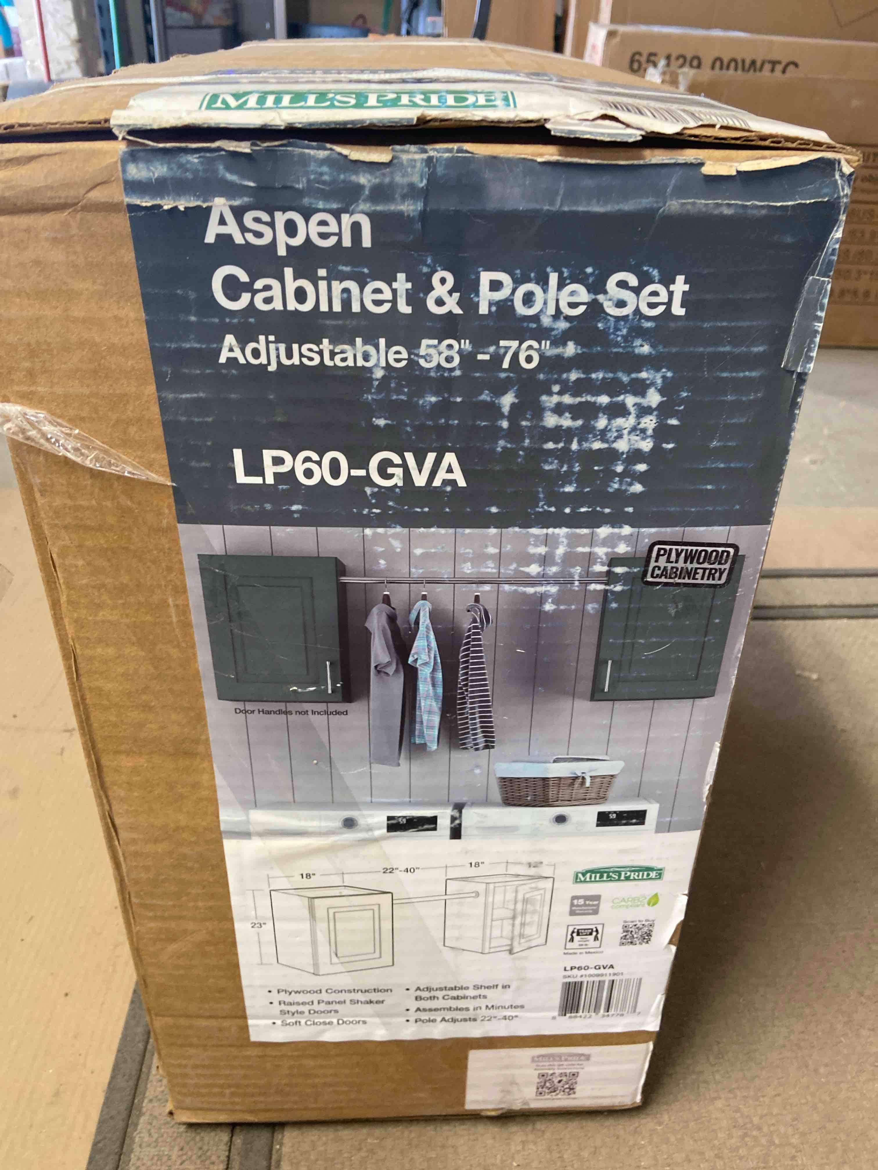 Condition photo showing New/Like New for mill's pride greenwich aspen green 23 in. h x 58 in. w x 12 in. d plywood laundry room wall cabinet and pole ext. 76 in. w/ 2 shelves