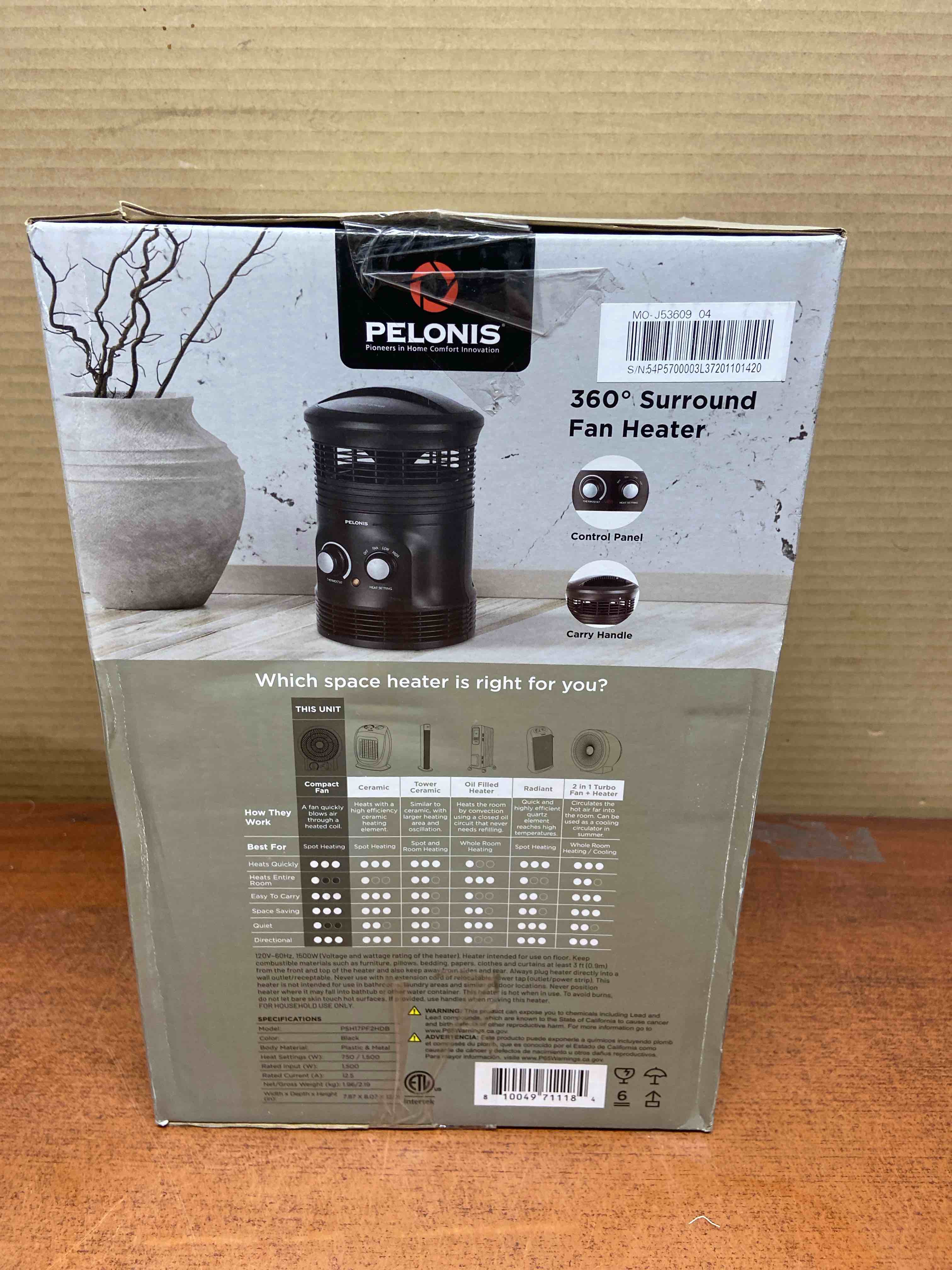 Condition photo showing New/Like New for pelonis 1500-watt 360° surround fan heater, black