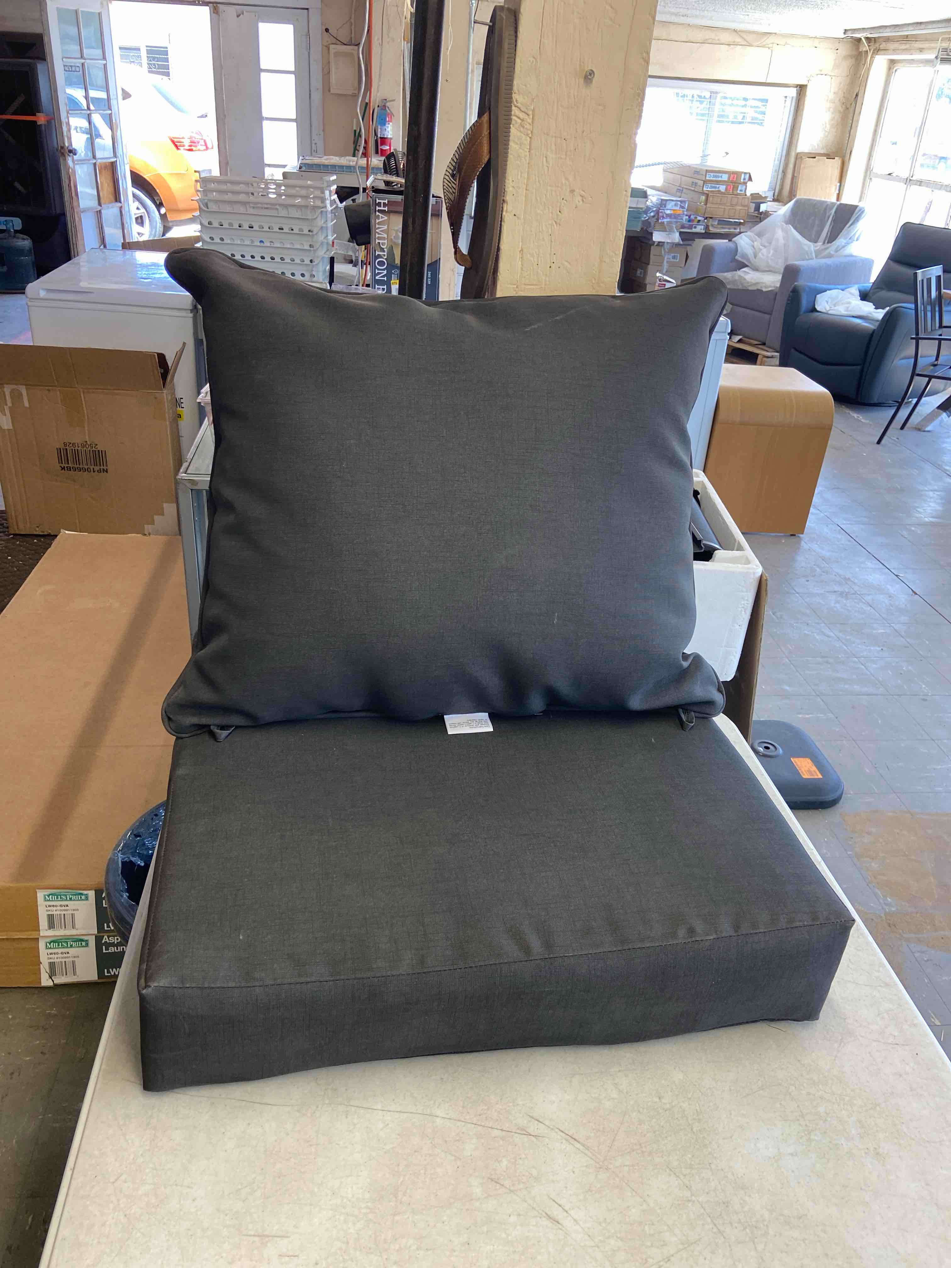 Condition photo showing Good Condition for arden outdoor deep seat cushion set  24 x 24  water repellant  fade resistant  deep seat bottom and back cushion for chair  sofa  and couch  black leala