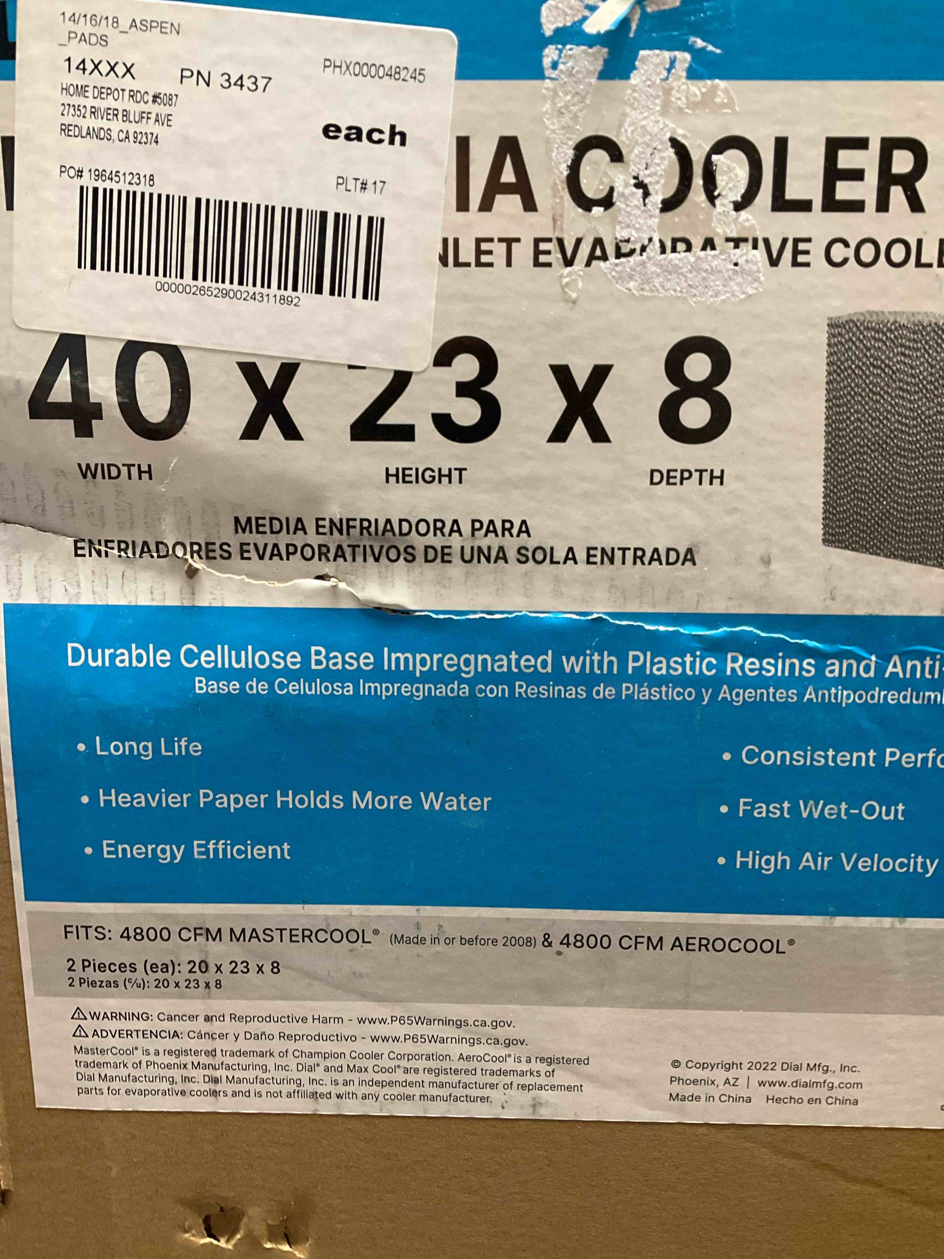 Condition photo showing New/Like New for dial manufacturing 3437 evaporative cooler pad rigid media 40 x 23 x 8 in. - quantity 1