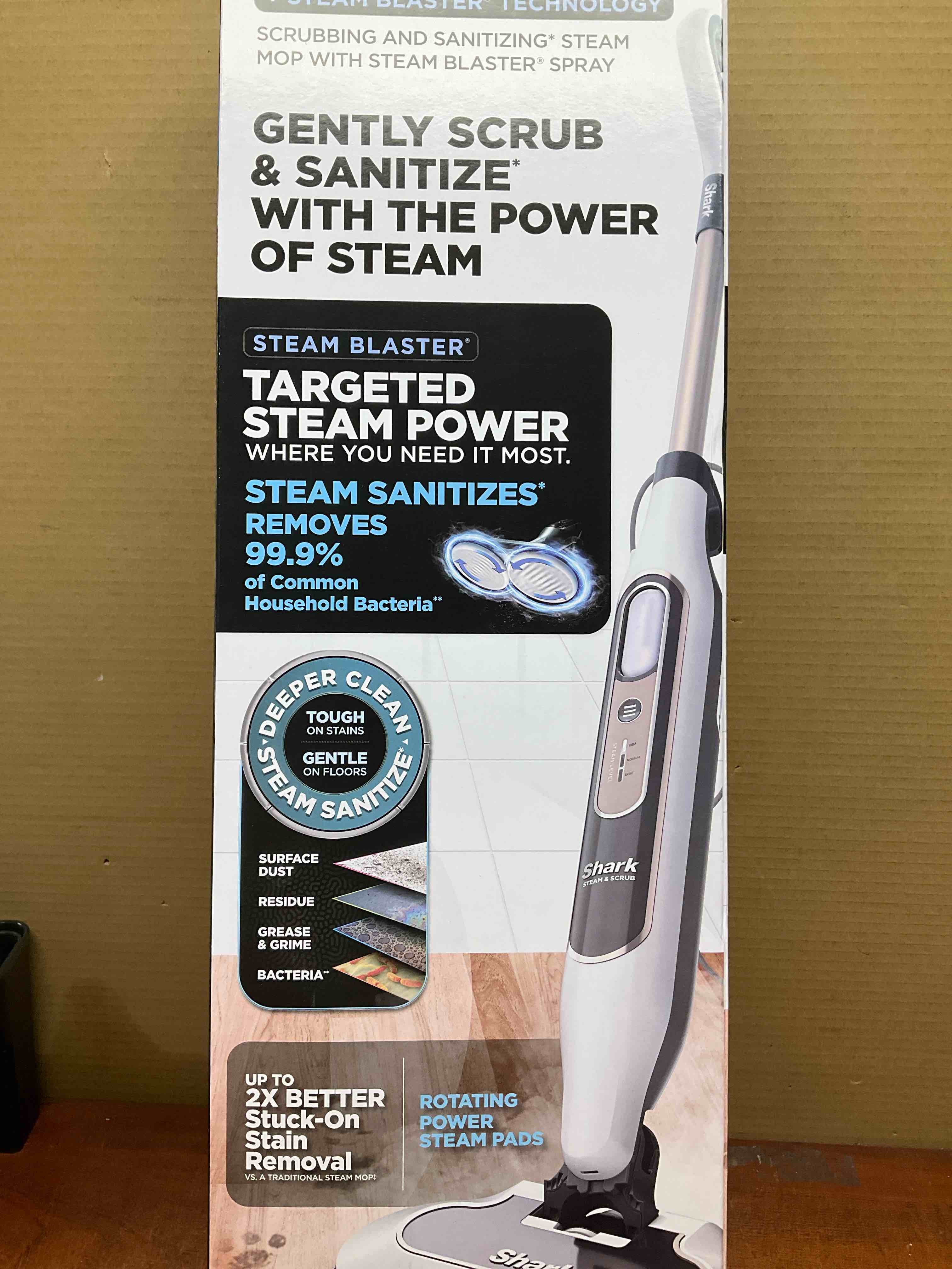 Condition photo showing New/Like New for shark steam & scrub with steam blaster technology scrubbing and sanitizing hard floor steam mop white s8201