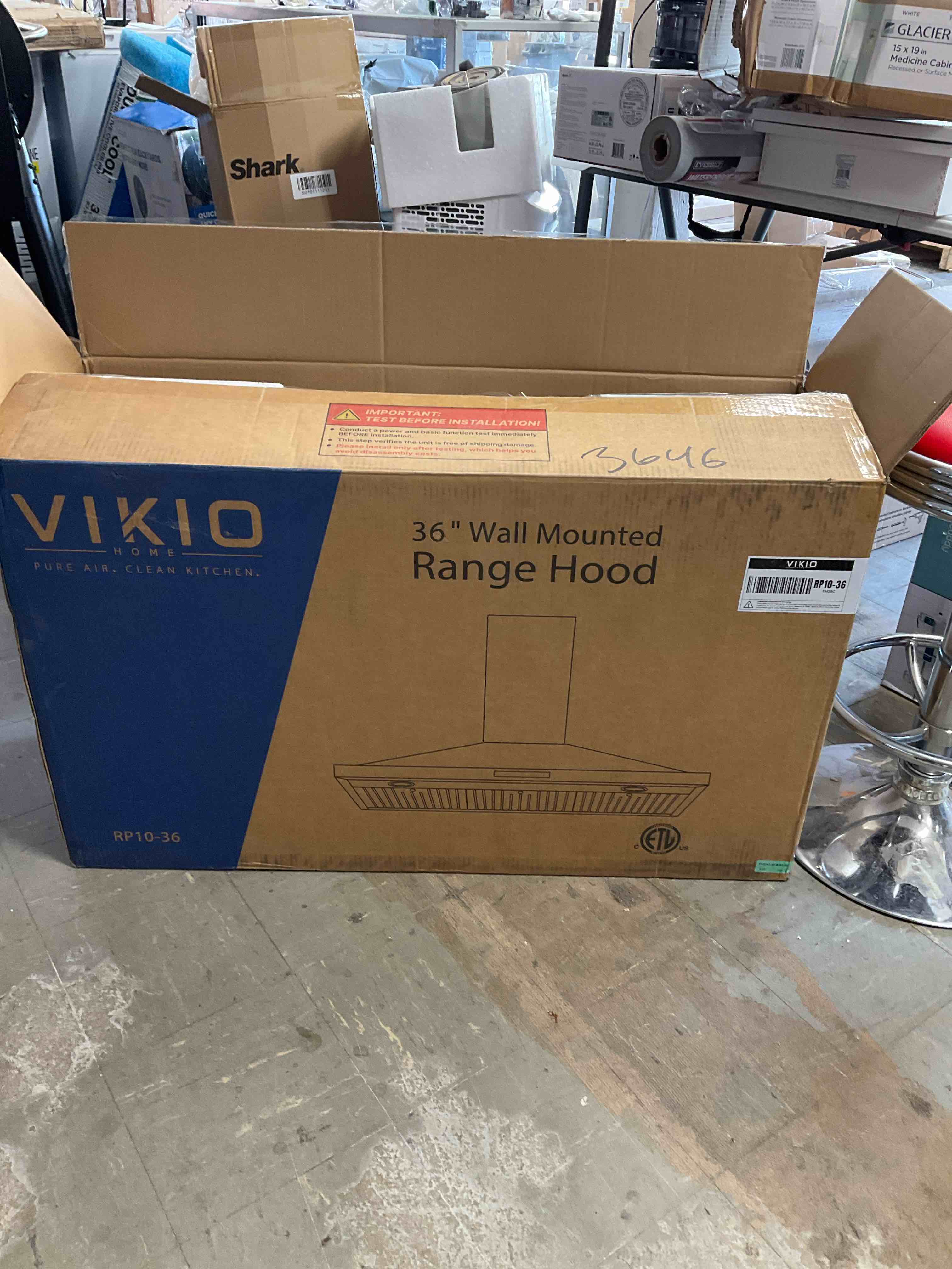 Condition photo showing New/Like New for vikio 36 in. 900 cfm wall mount ducted range hood in stainless steel with led lights, filters