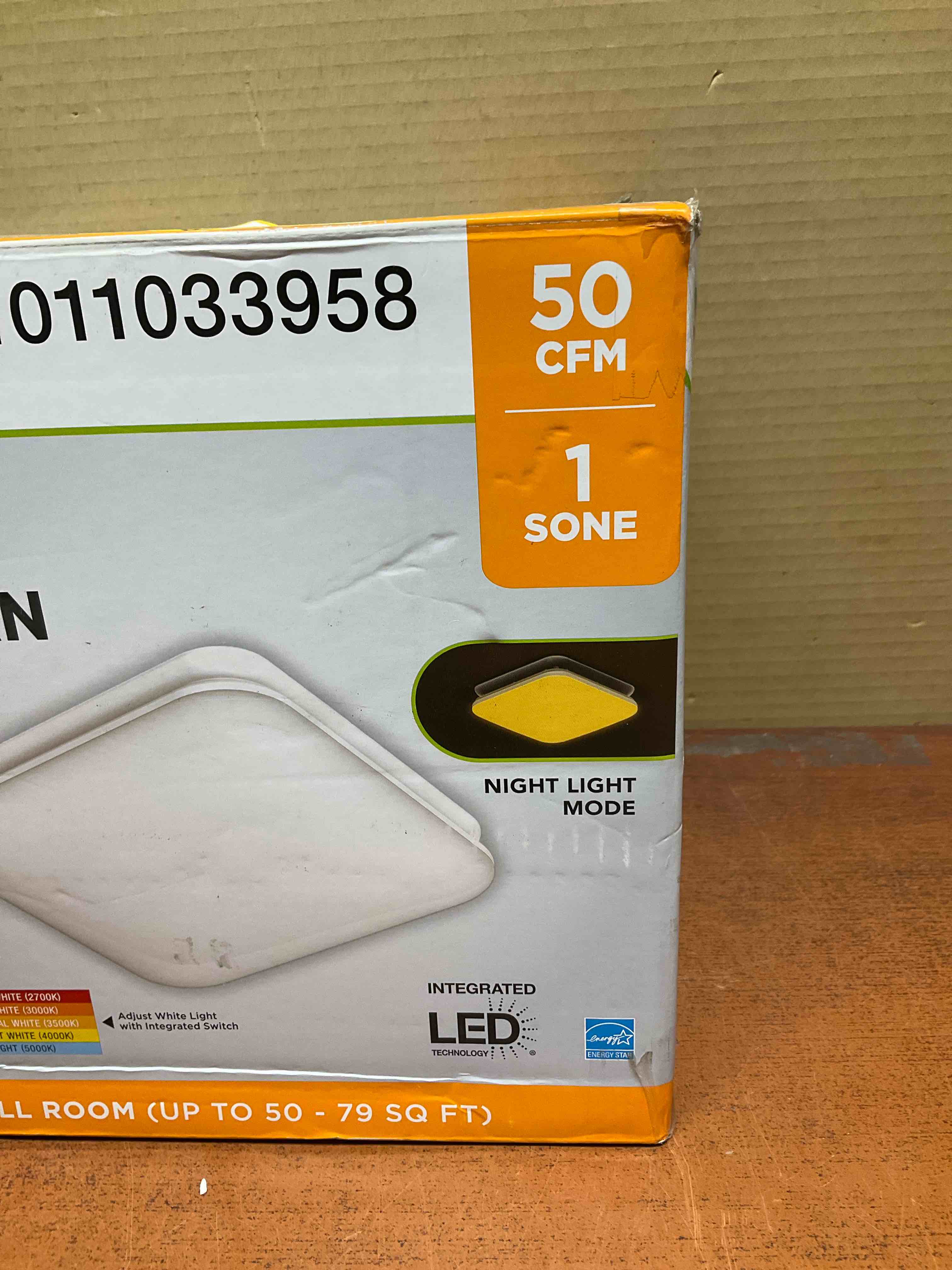 Condition photo showing New/Like New for 50 cfm ceiling mount room side installation bathroom exhaust fan with adjustable color temperature led and night light