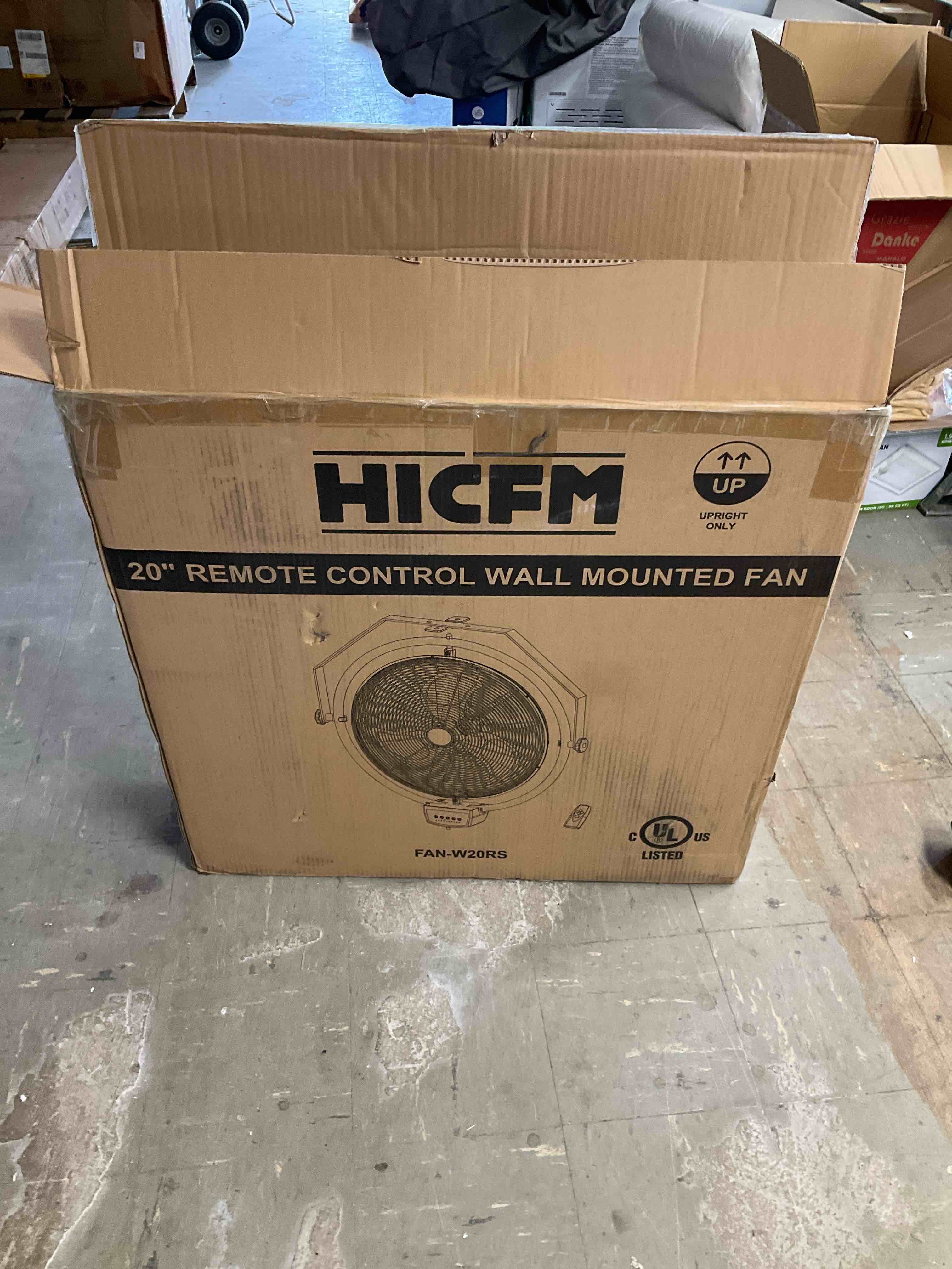 Condition photo showing New/Like New for hicfm 20" remote control wall mount fan, 5100 cfm high velocity 3-speed oscillating wall fans with timer for industrial, commercial, warehouse, garage, gazebo and patios - ul listed
