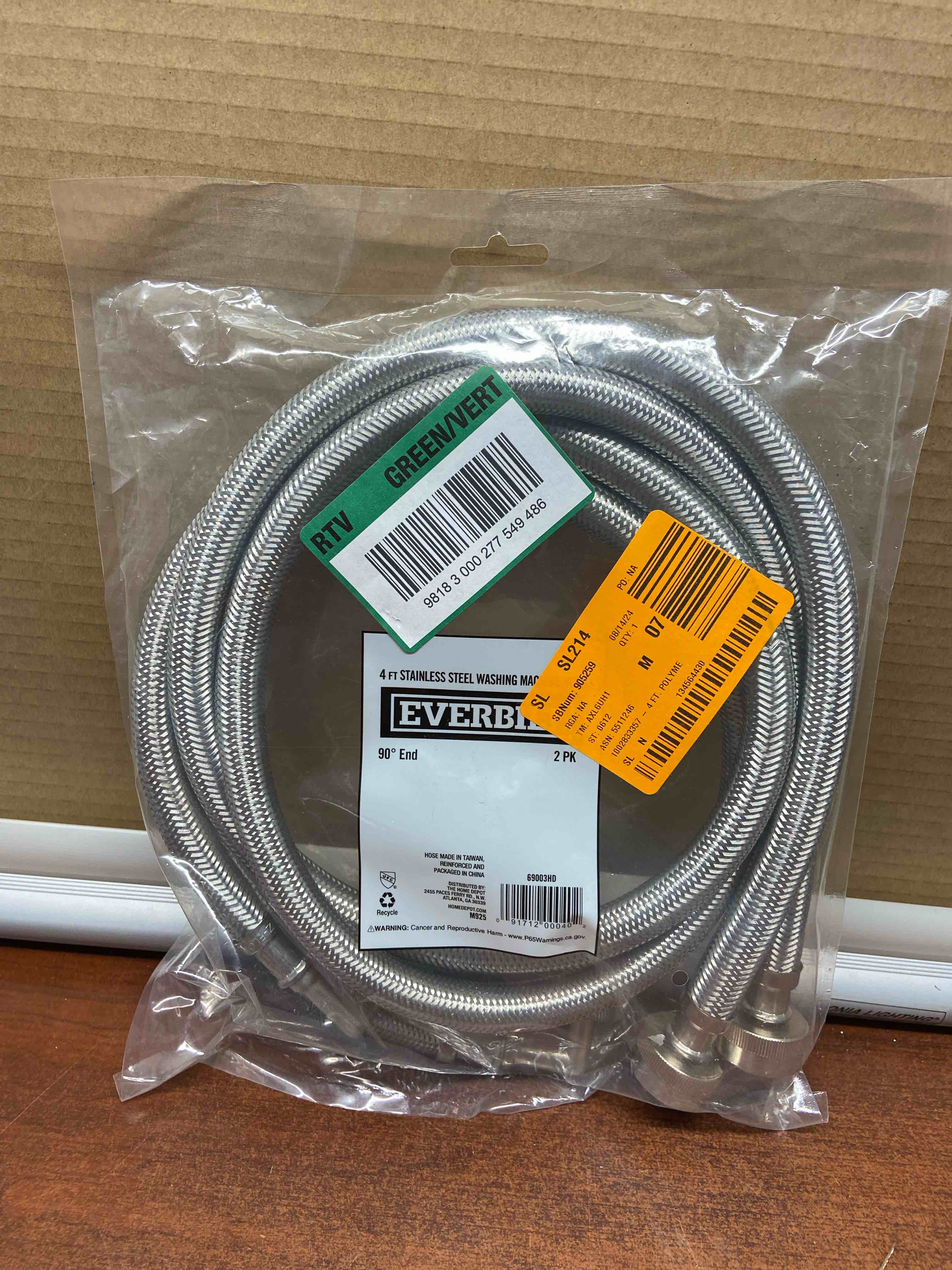 Everbilt 4 ft. Polymer Coated Stainless Steel Washing Machine Connector (2-Pack), Silver