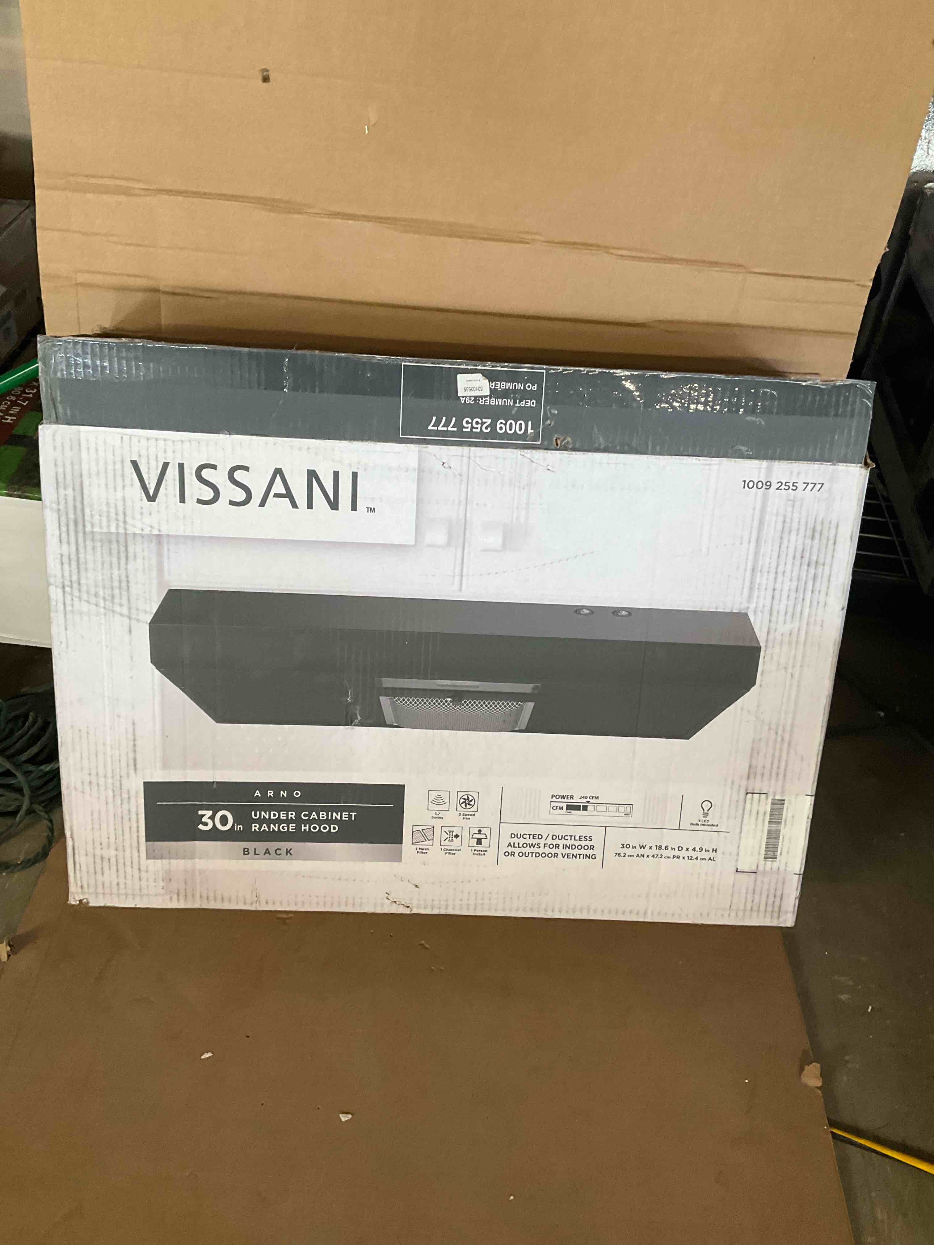 Vissani Arno 30 in. 240 CFM Convertible Under Cabinet Range Hood in Black with Lighting and Charcoal Filter, Black painted
