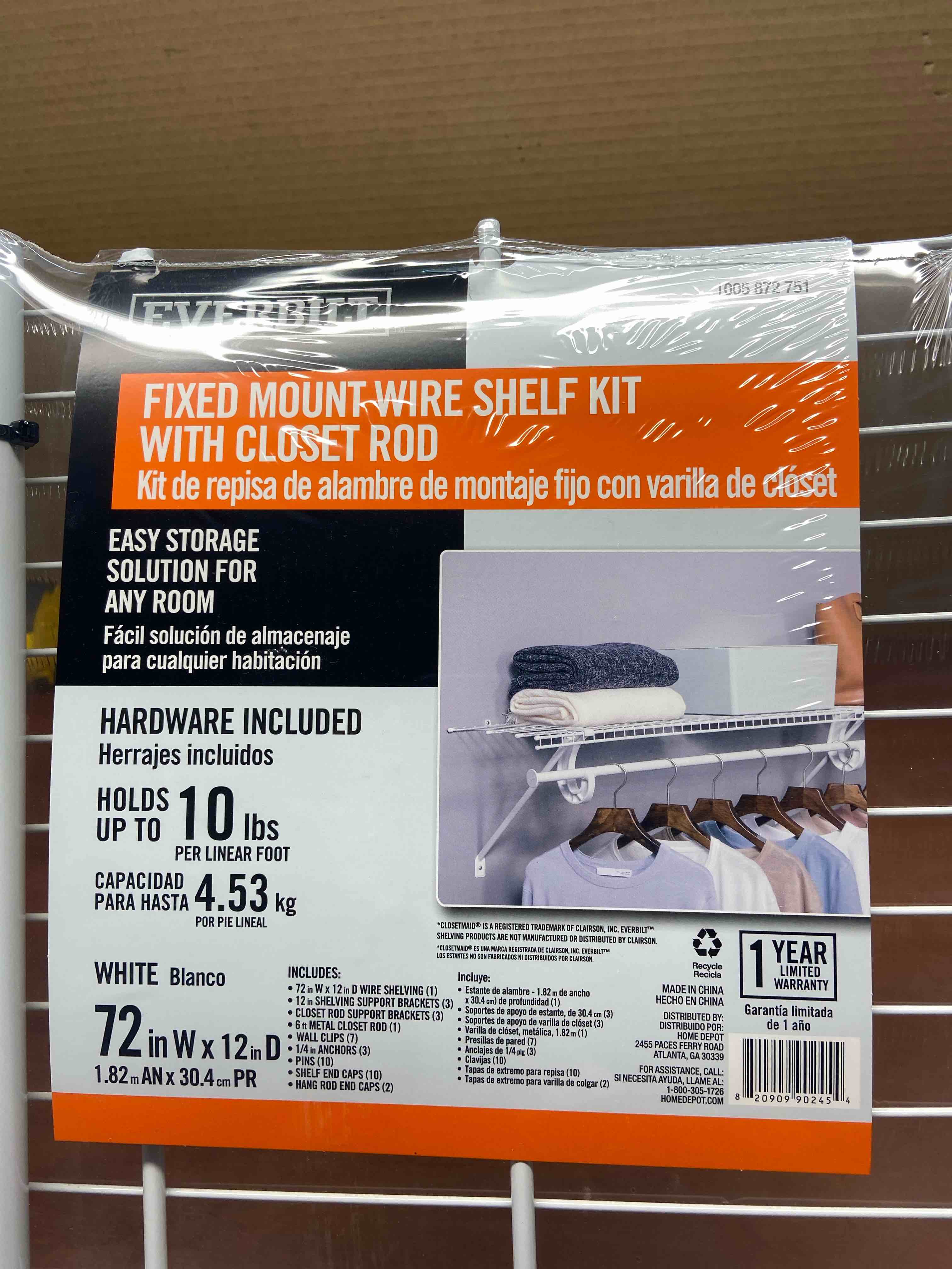 fixed mount wire shelf kit with closet rod 72 inches W by12” D