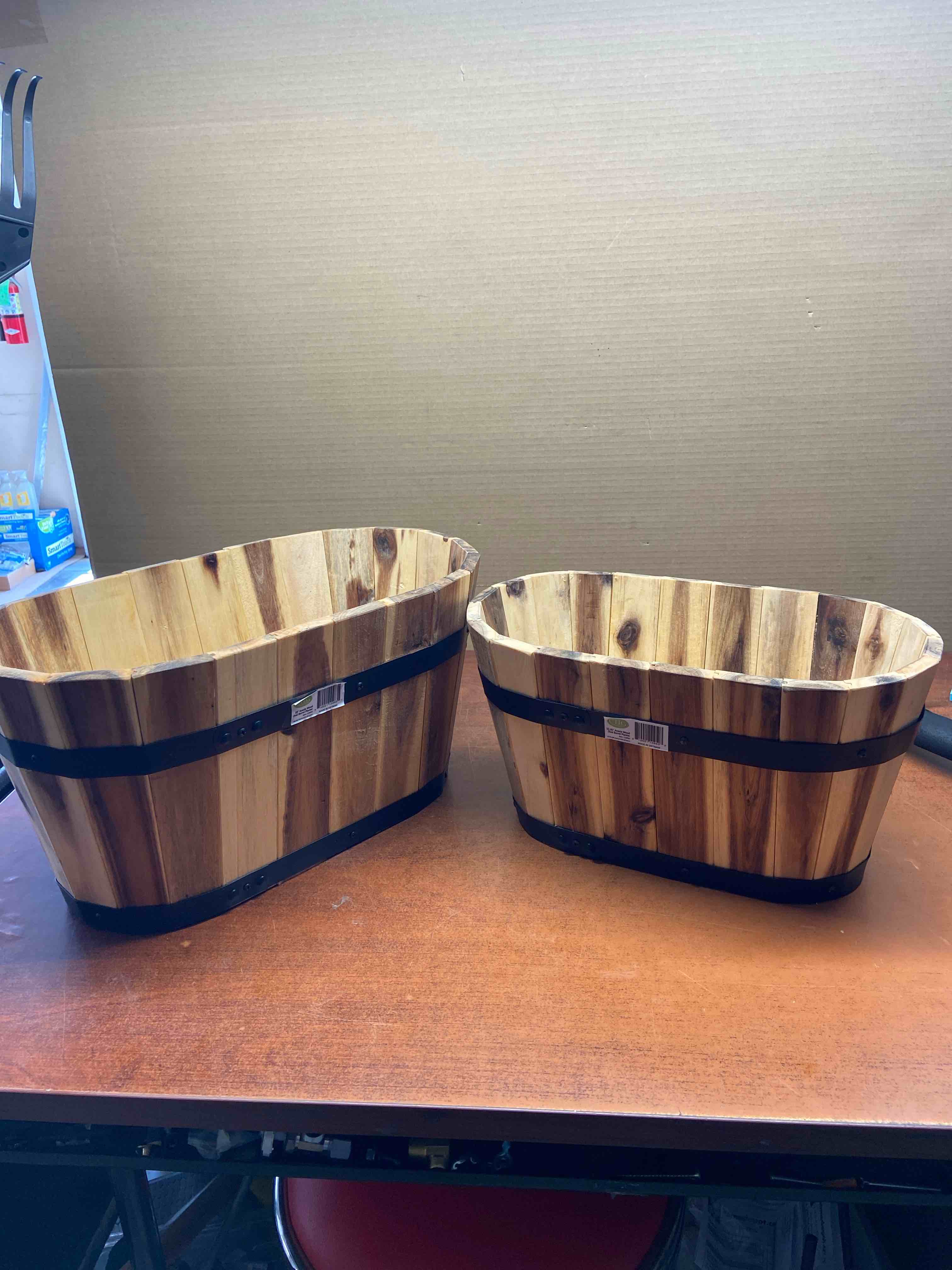 18” acacia oval and 15.25” oval wood barrel planter