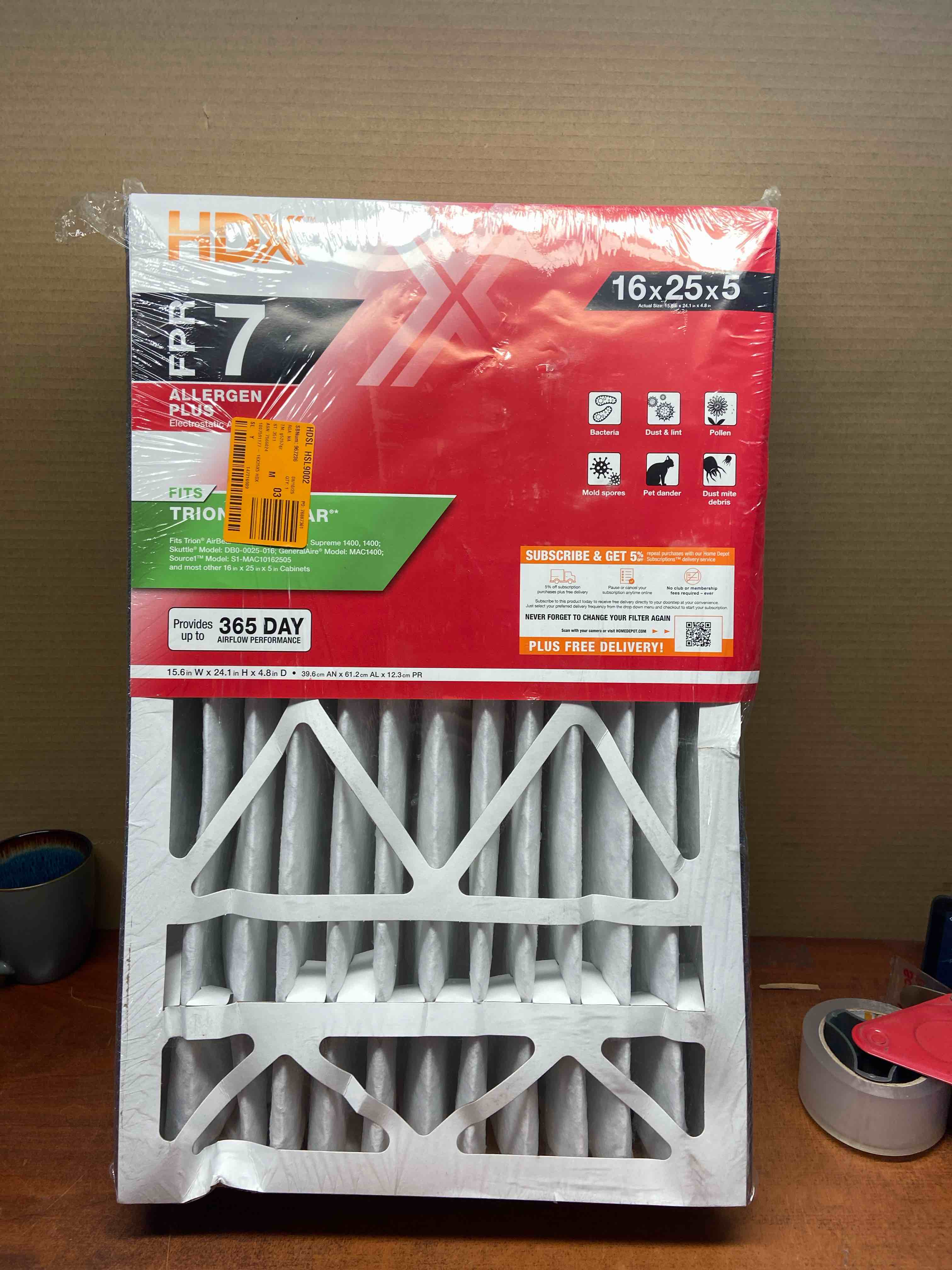 16 in. x 25 in. x 5 in. Trion AirBear Replacement Pleated Air Filter FPR 7, MERV 11