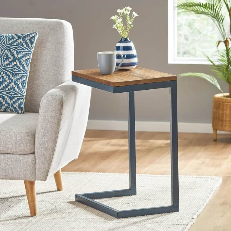 large C shaped end table with iron base and fur wood top Antique 