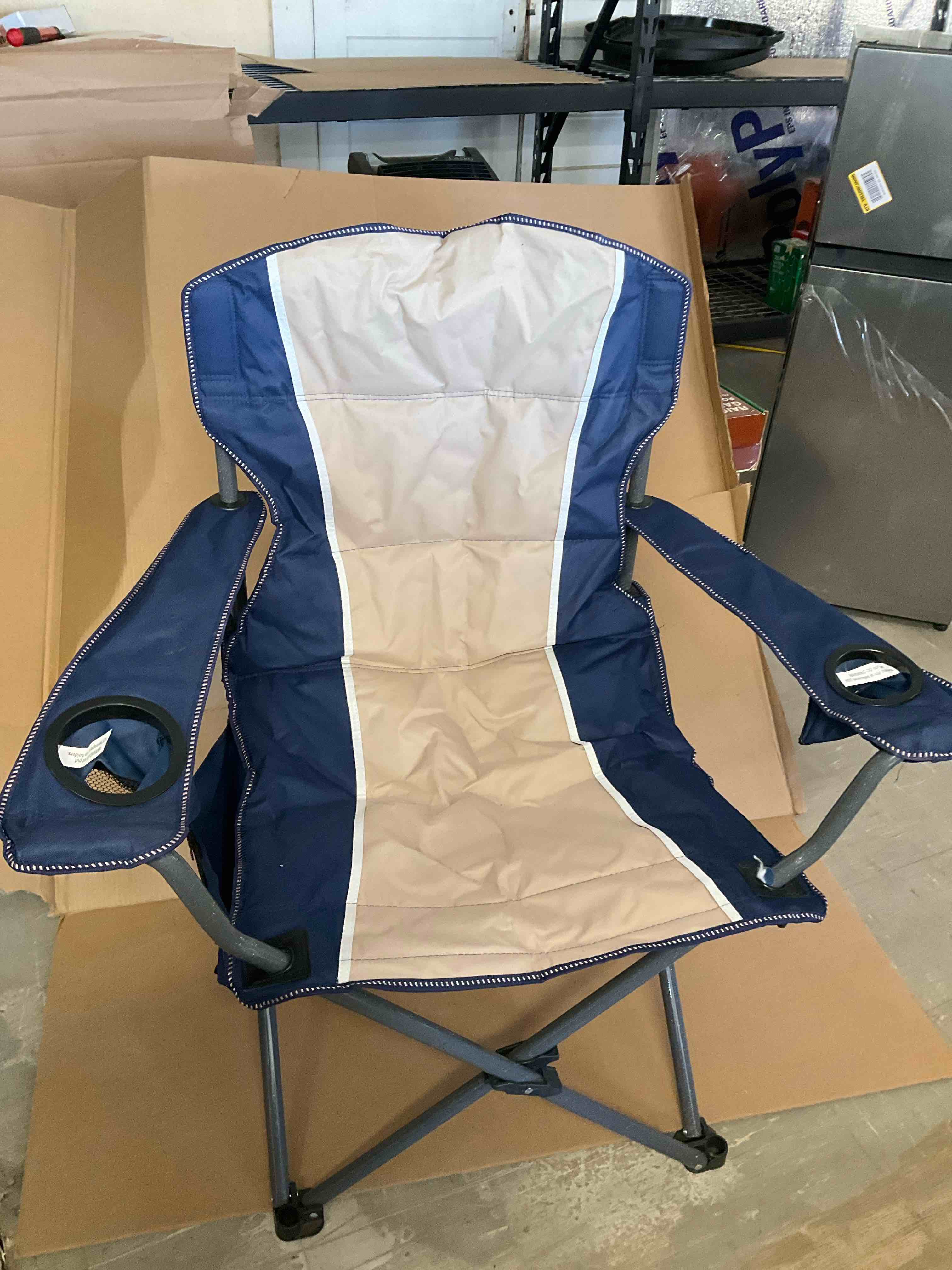Oversized folding chair all metal frame blue and gray with carrying case 