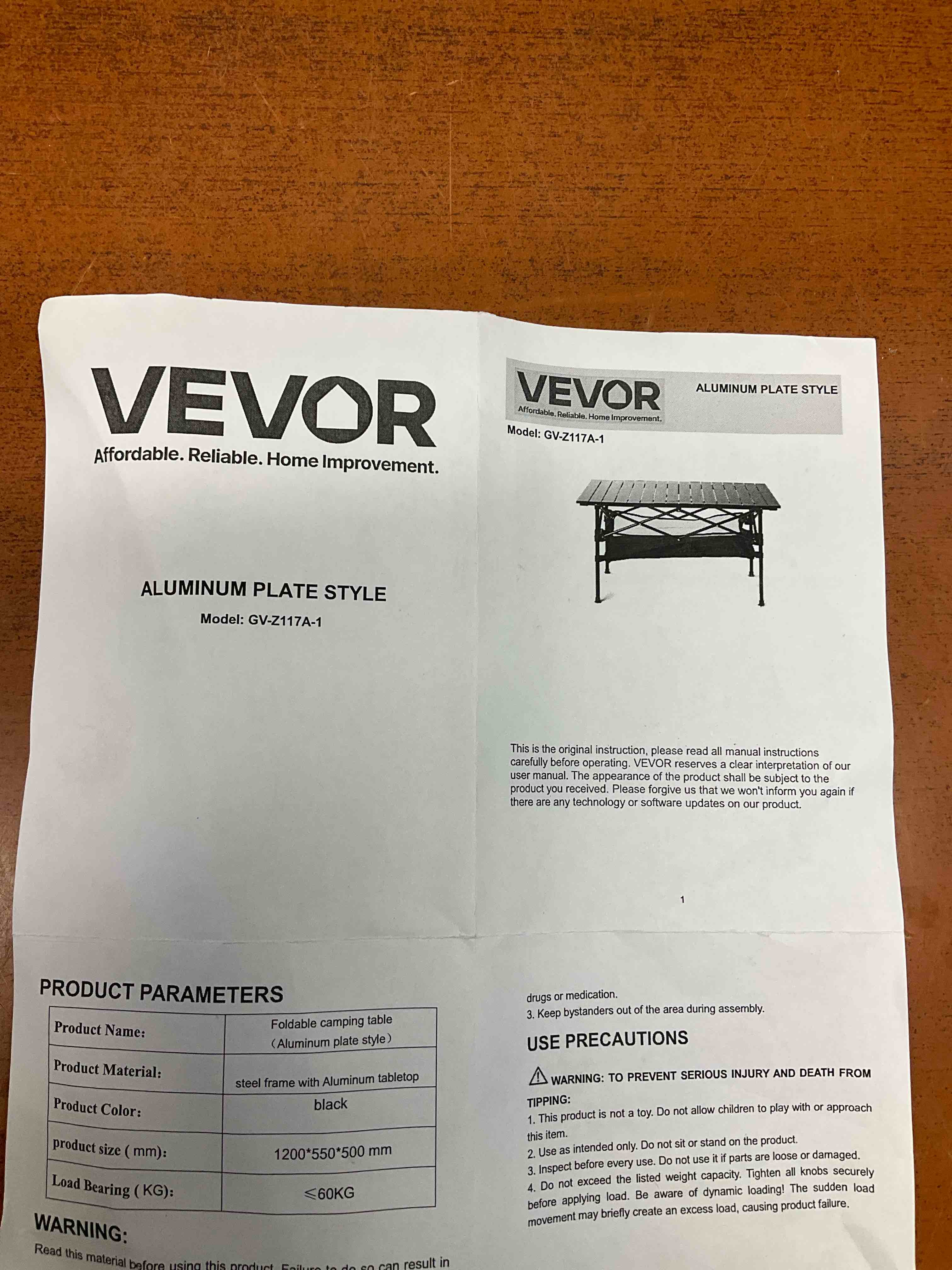 Vevor aluminum plate style table with mesh under basket*** I could Not set up table fully ***