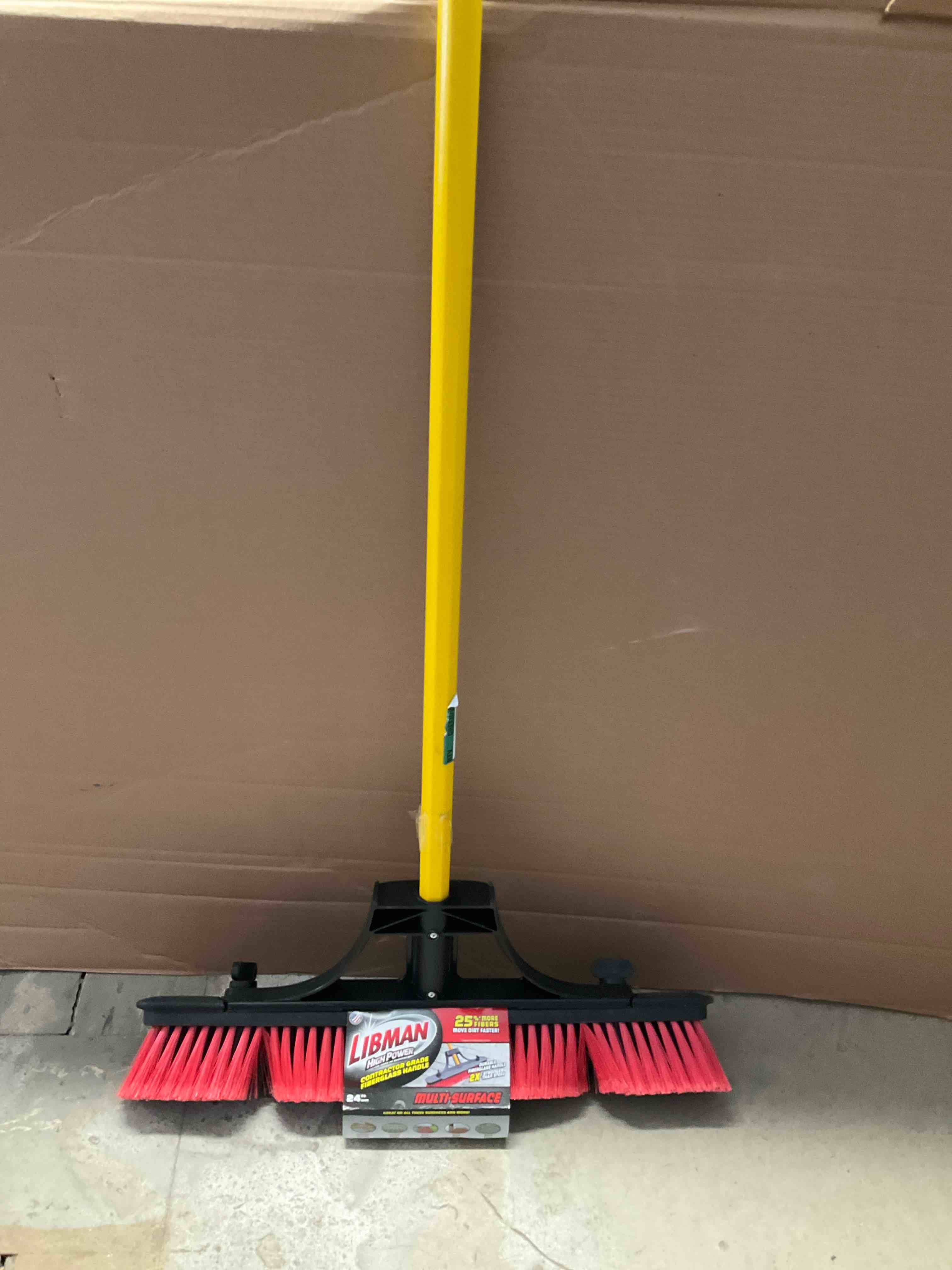 24 in. high power contractor grade multi-surface push broom with brace and fiberglass handle