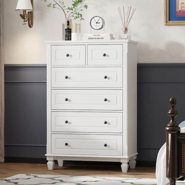  FUFU&GAGA White 6-Drawers 31.5 in. W Wood Chest of Drawer Dresser, 47.4 in. H x 15.7 D