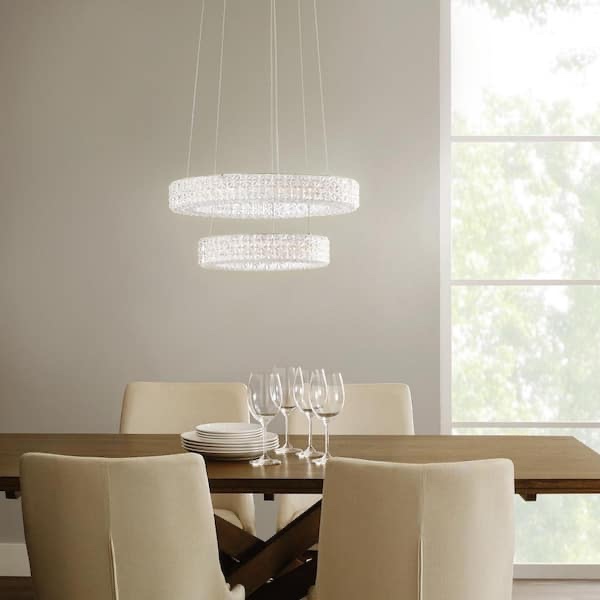 Home Decorators Collection Wesley Park 150-Watt Integrated LED Chrome Pendant Hanging Light with Clear Round Acrylic Ring Shades