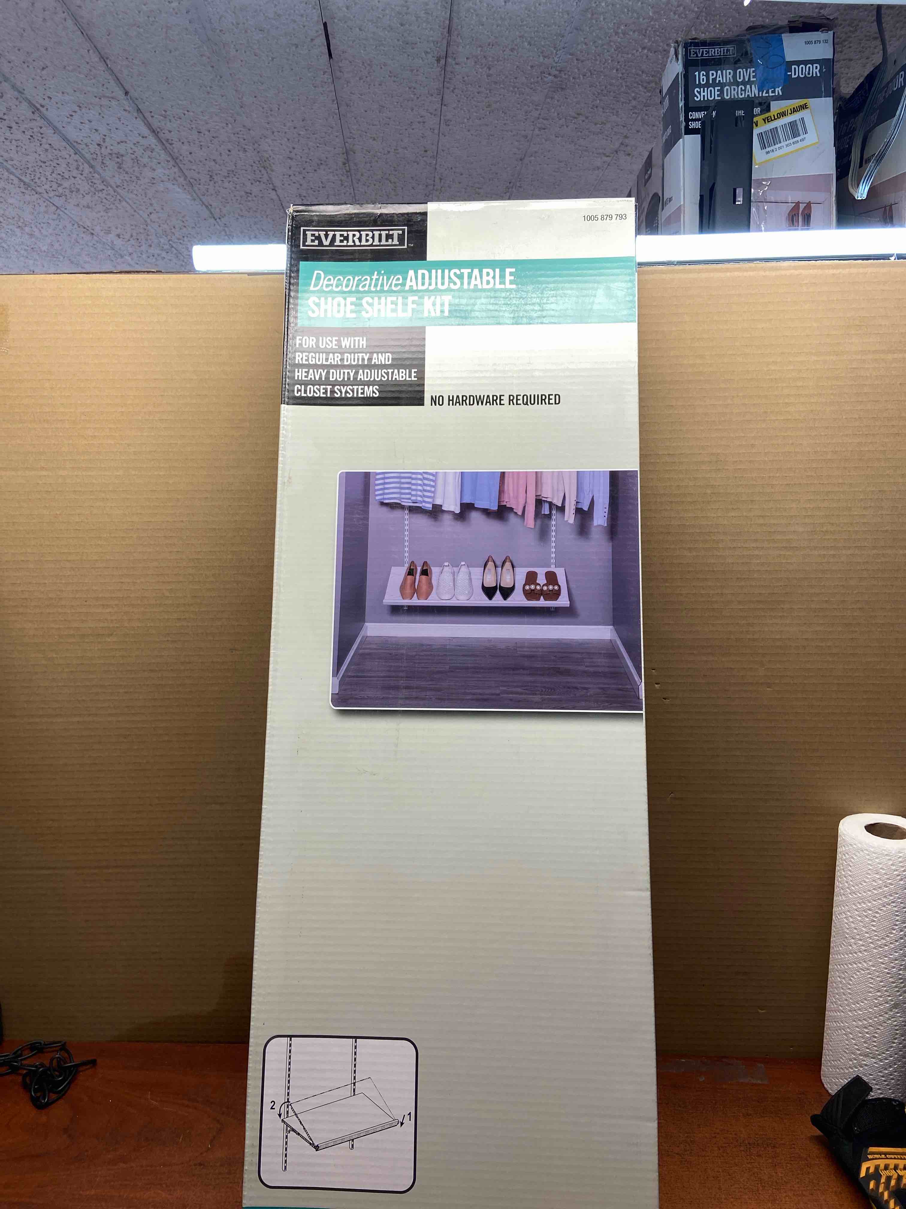 decorative adjustable shoe shelf kit for use with regular duty and heavy duty adjustable closet system