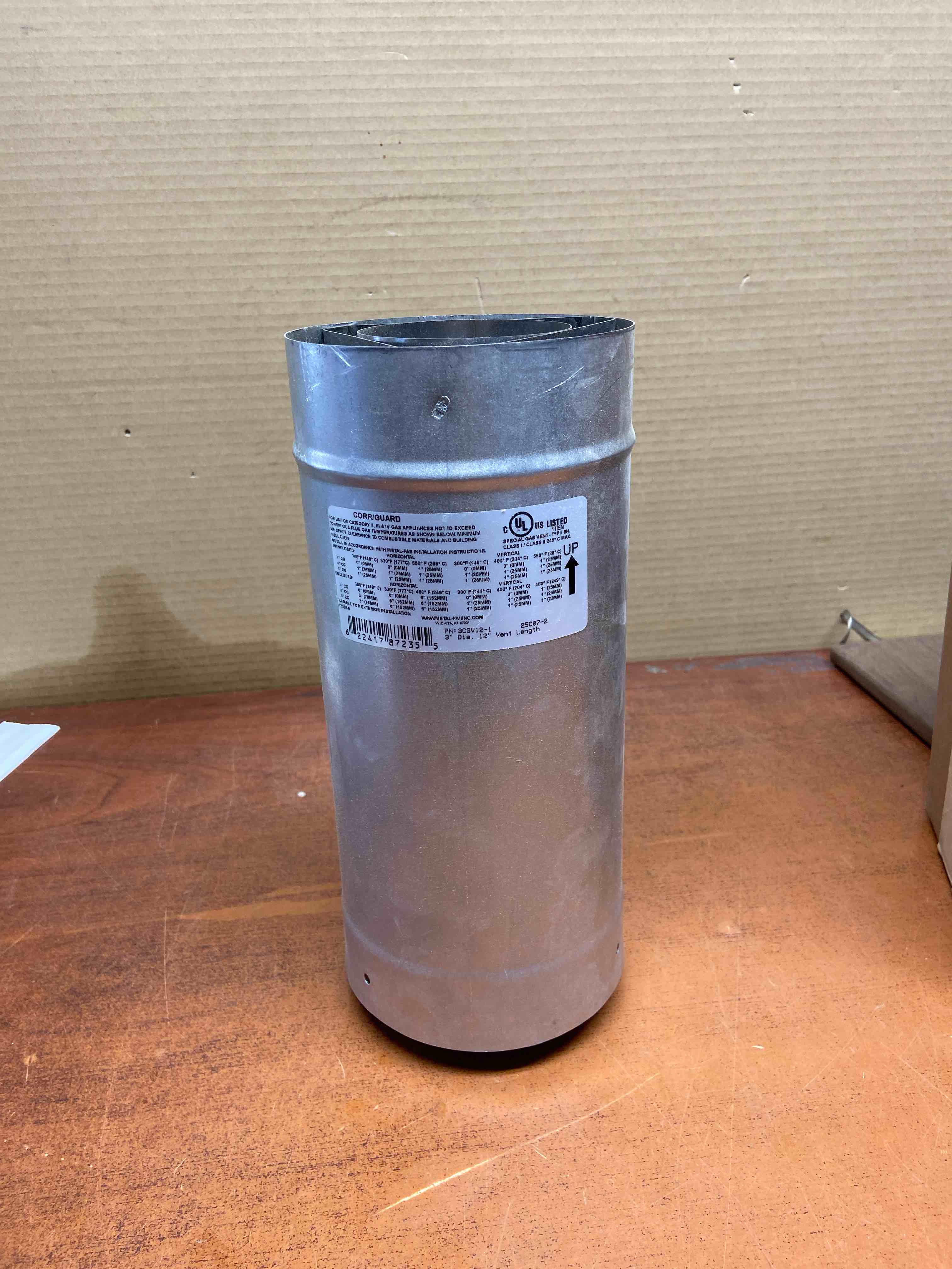 Metal-fab Corrguard® Straight Length, 3cgv12, 3" Dia, S/s, Double Wall, 11.66"l