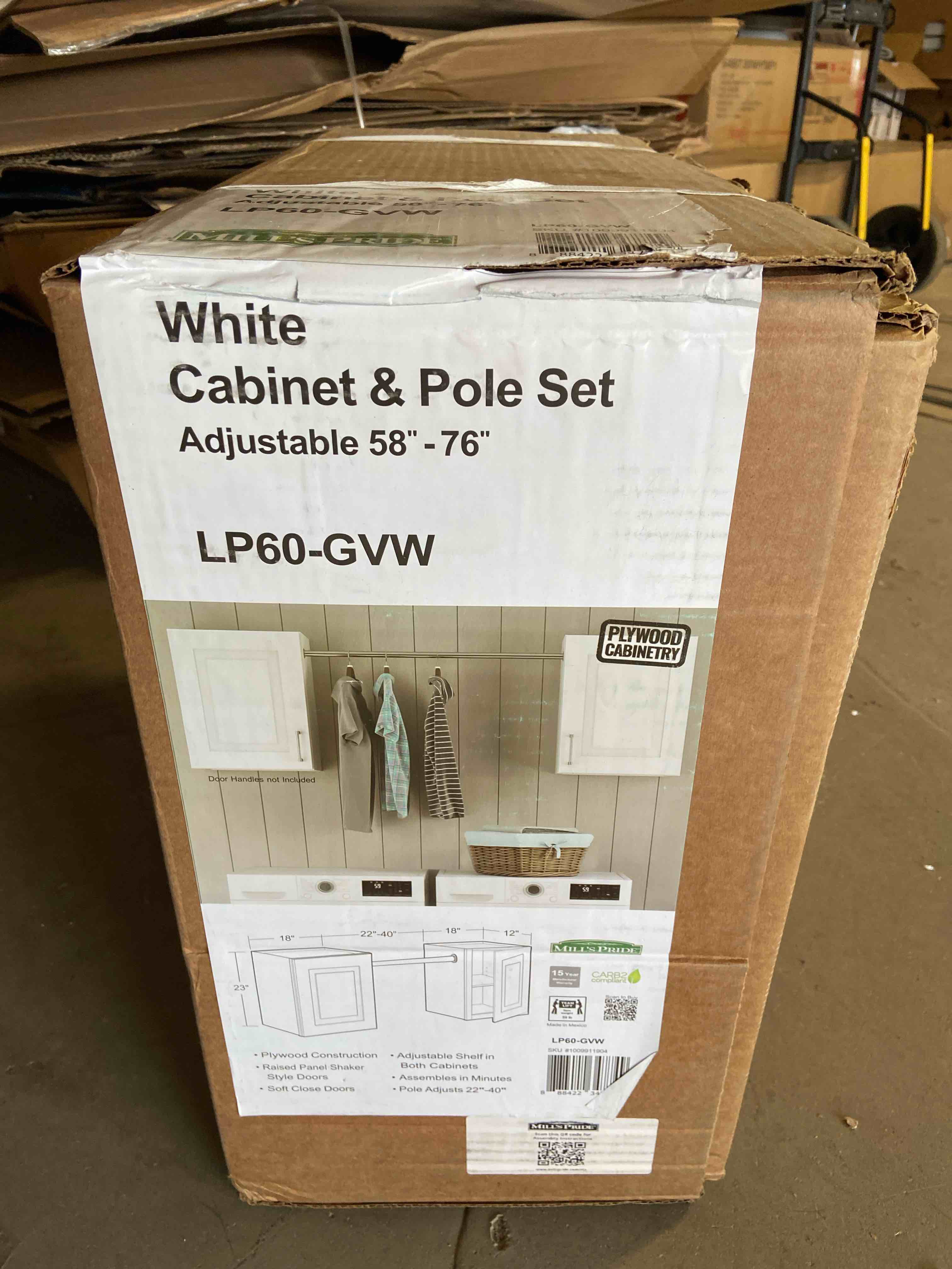 Condition photo showing New/Like New for Greenwich Verona White 23 in. H x 58 in. W x 12 in. D Plywood Laundry Room Wall Cabinet and Pole ext 76 in. w/ 2 Shelves
