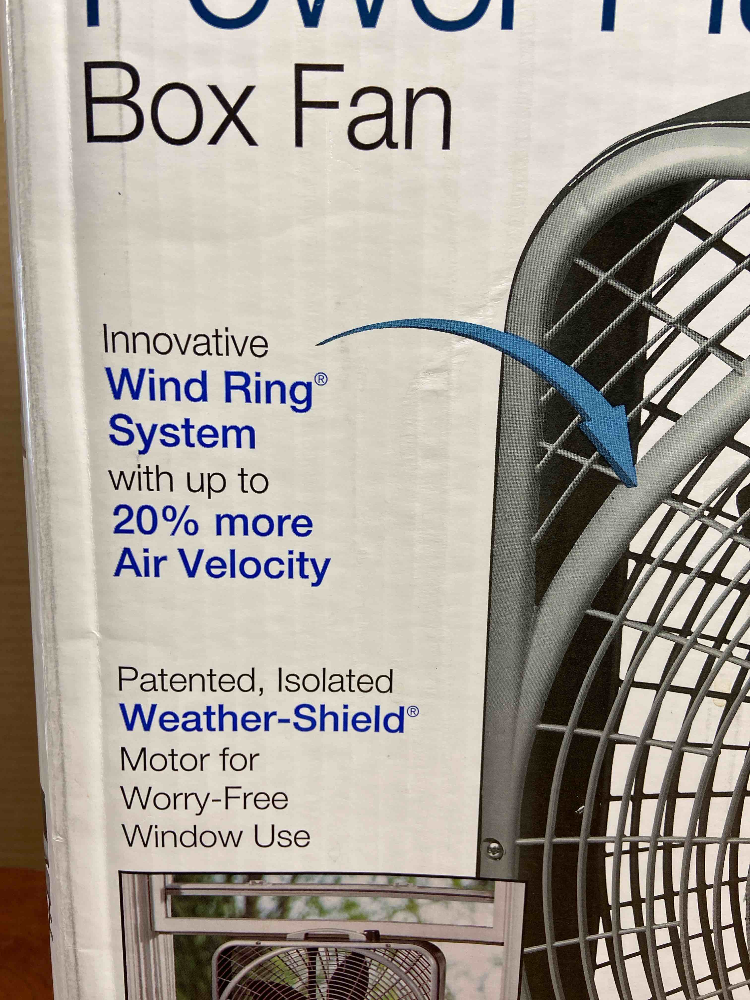 Condition photo showing New/Like New for lasko 20 in. power plus box fan