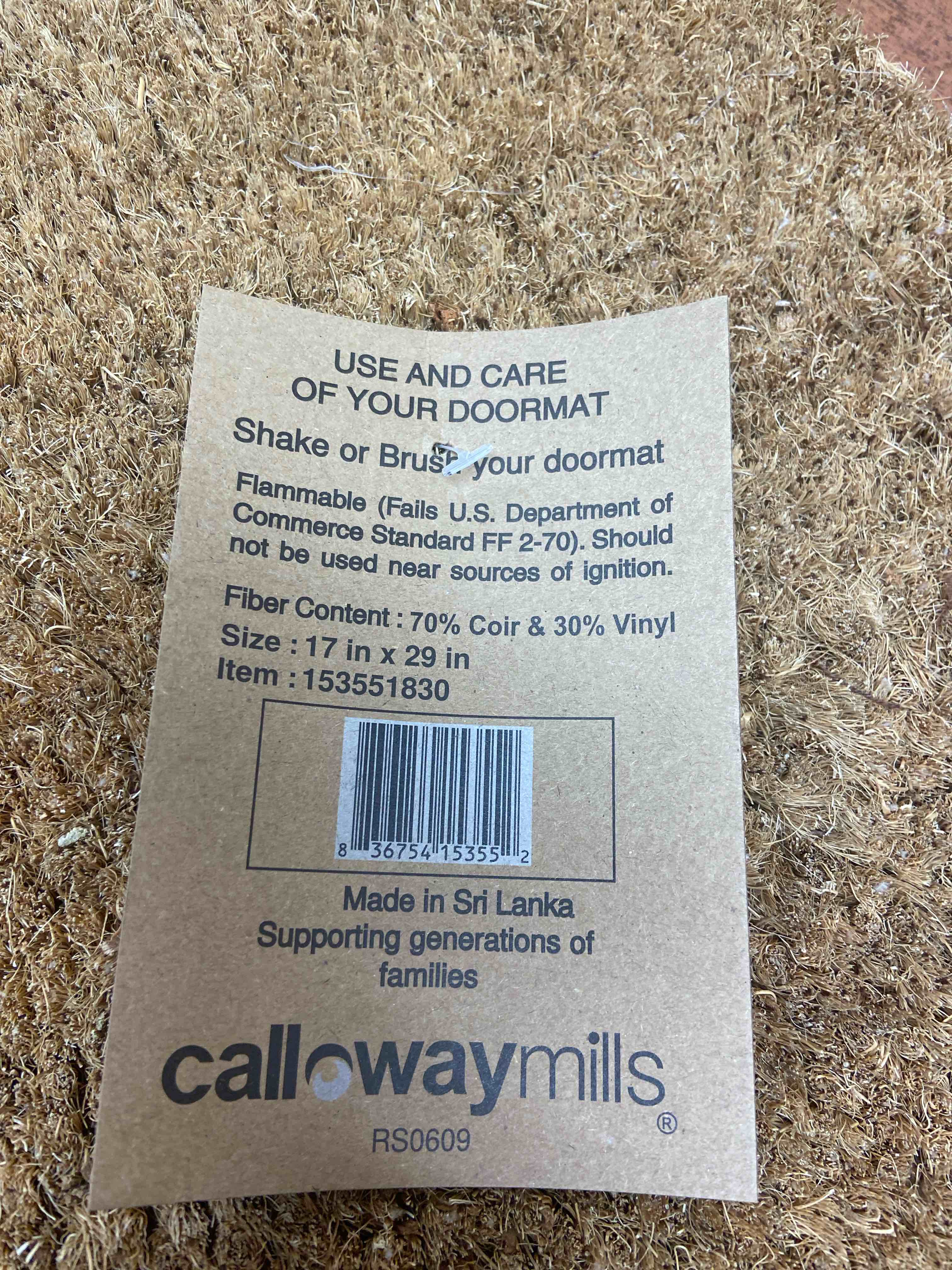 Condition photo showing New/Like New for Calloway Mills Natural Coir & Vinyl Outdoor Doormat 18  x 30