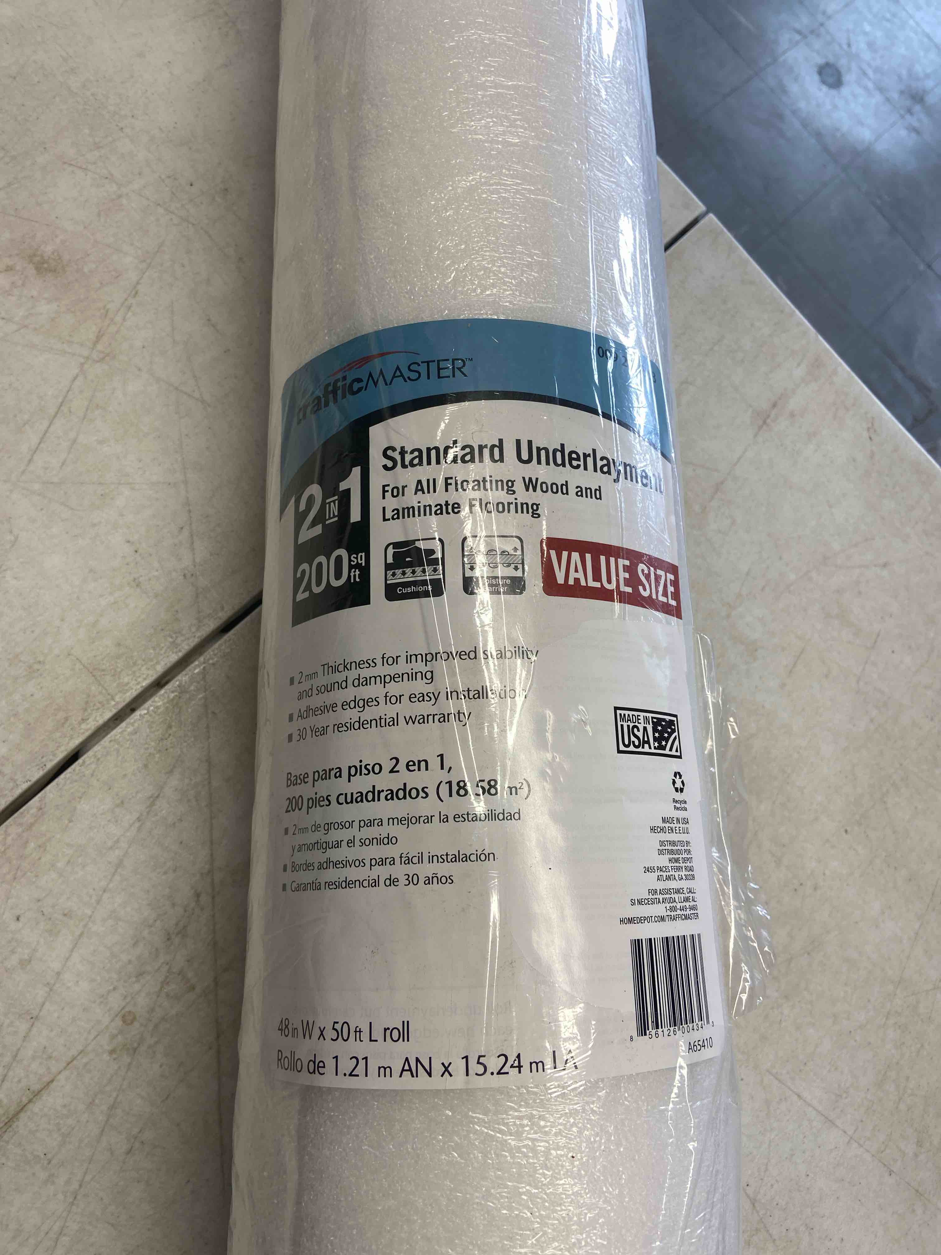 Condition photo showing New/Like New for 2-in-1 Standard 200 sq. ft. 48 in. x W 50 ft. L x 2 mm T Underlayment for Engineered Hardwood and Laminate Flooring