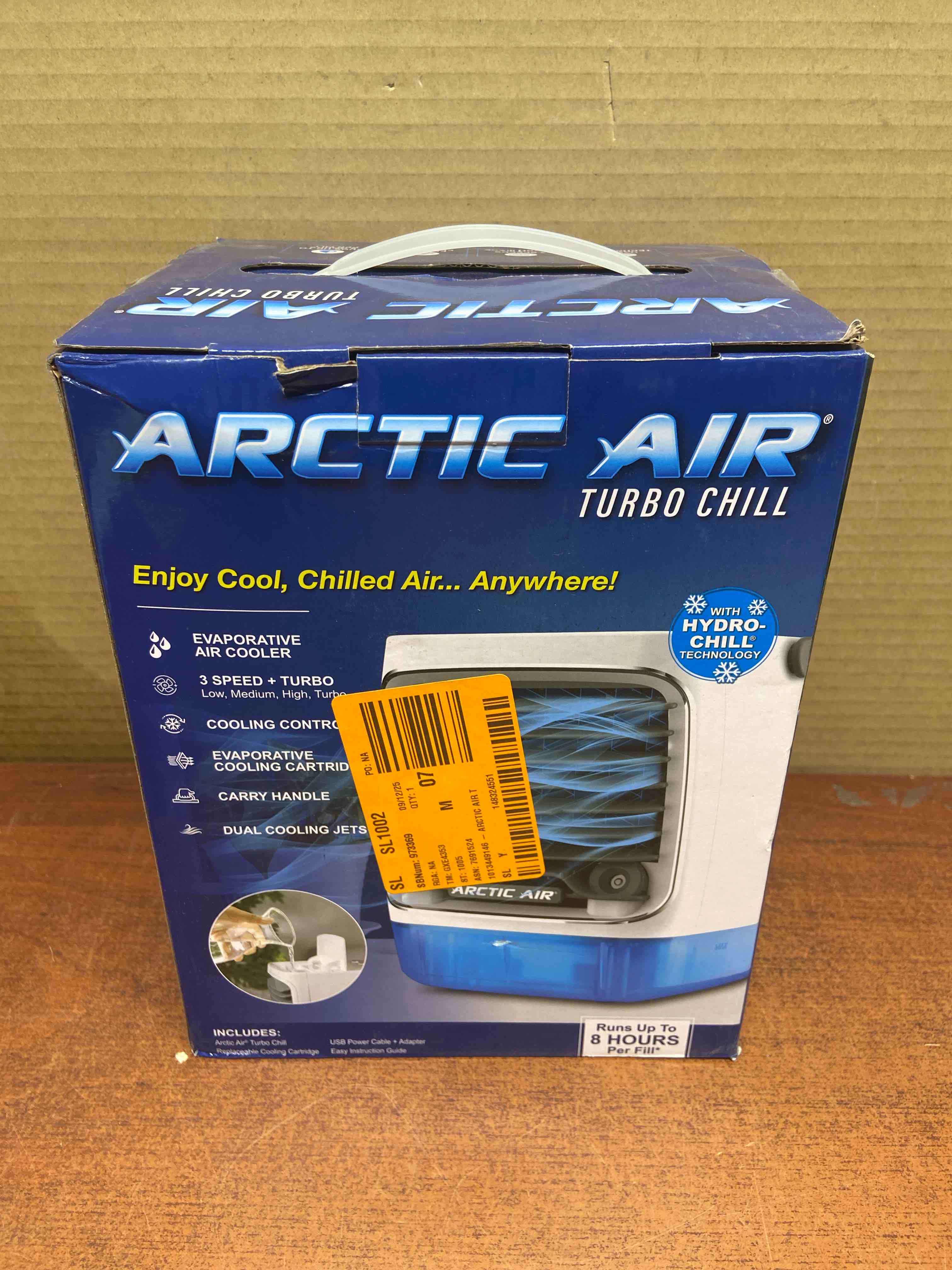 ontel arctic air turbo chill evaporative cooler with hydrochill technology, 4-speed portable air cooler fan, up to 8 hr per fill, 7-color led, simple & whisper quiet operation, for home or office use