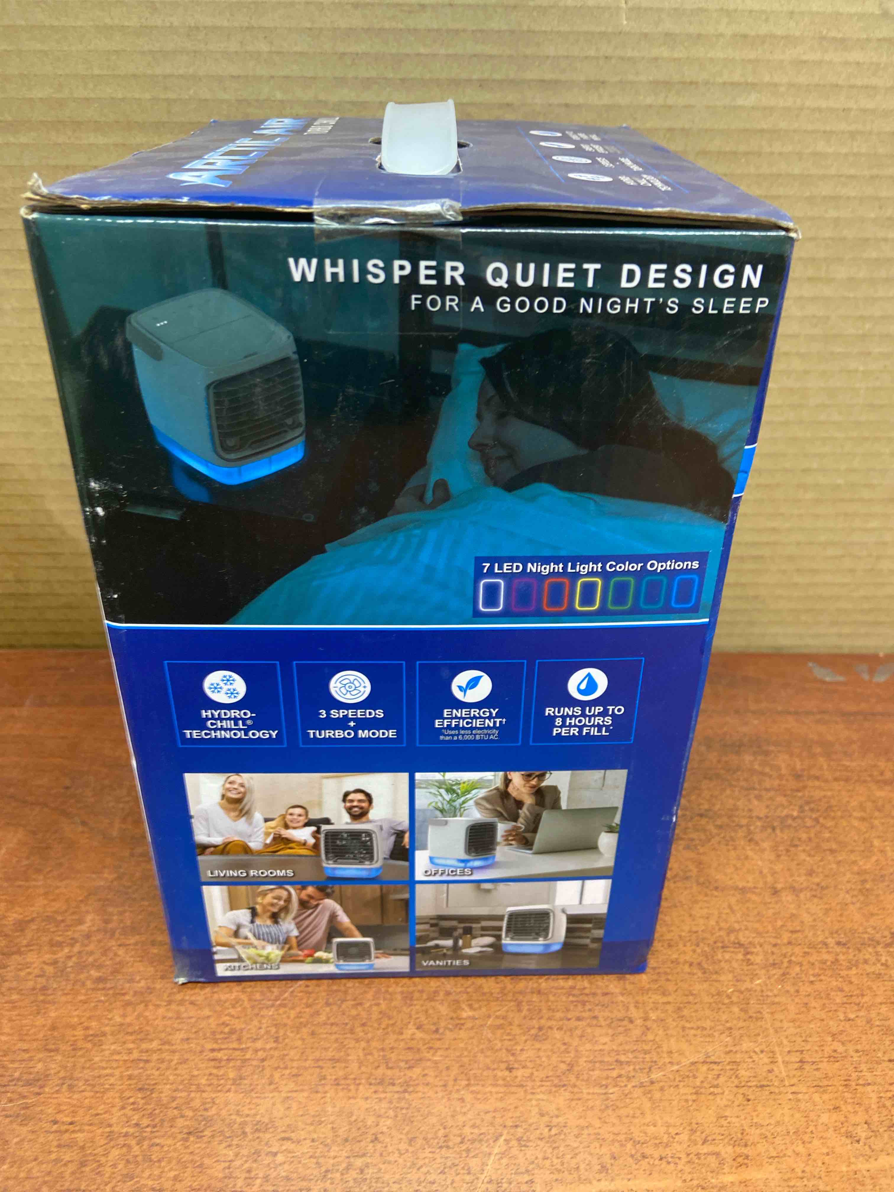 Condition photo showing New/Like New for ontel arctic air turbo chill evaporative cooler with hydrochill technology, 4-speed portable air cooler fan, up to 8 hr per fill, 7-color led, simple & whisper quiet operation, for home or office use