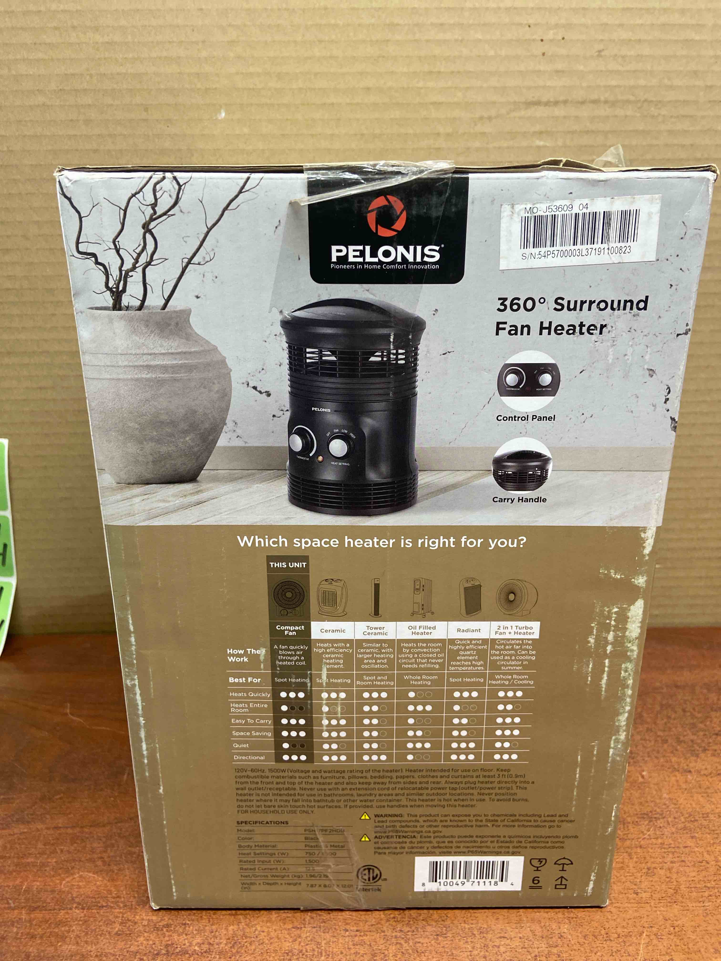 Condition photo showing New/Like New for pelonis 1500-watt 360° surround fan heater, black